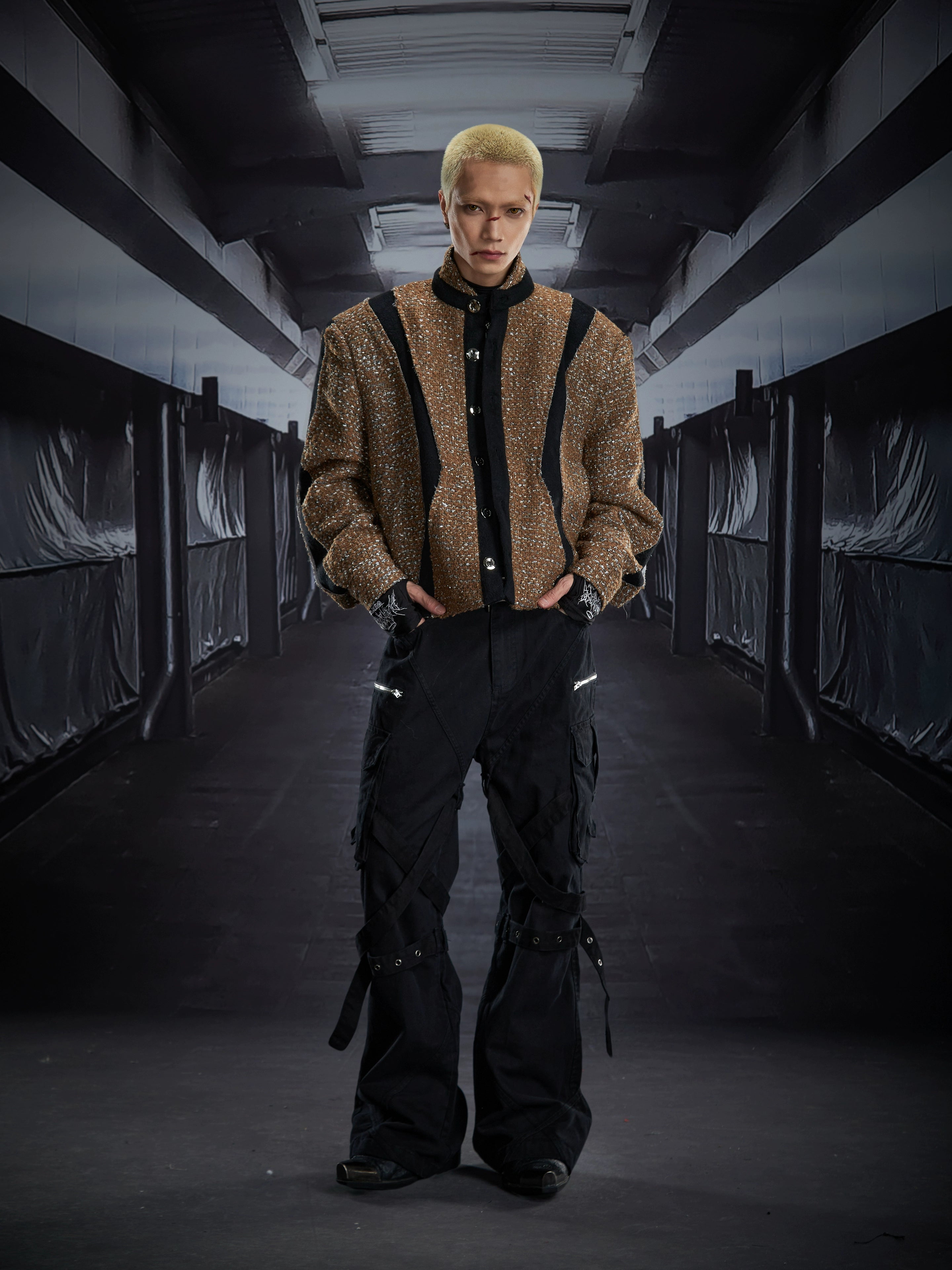 A standout star-cut deconstructed jacket with a structured stand collar and insulated padded body. A winter statement piece designed by Sanhoostudio for elevated street style.