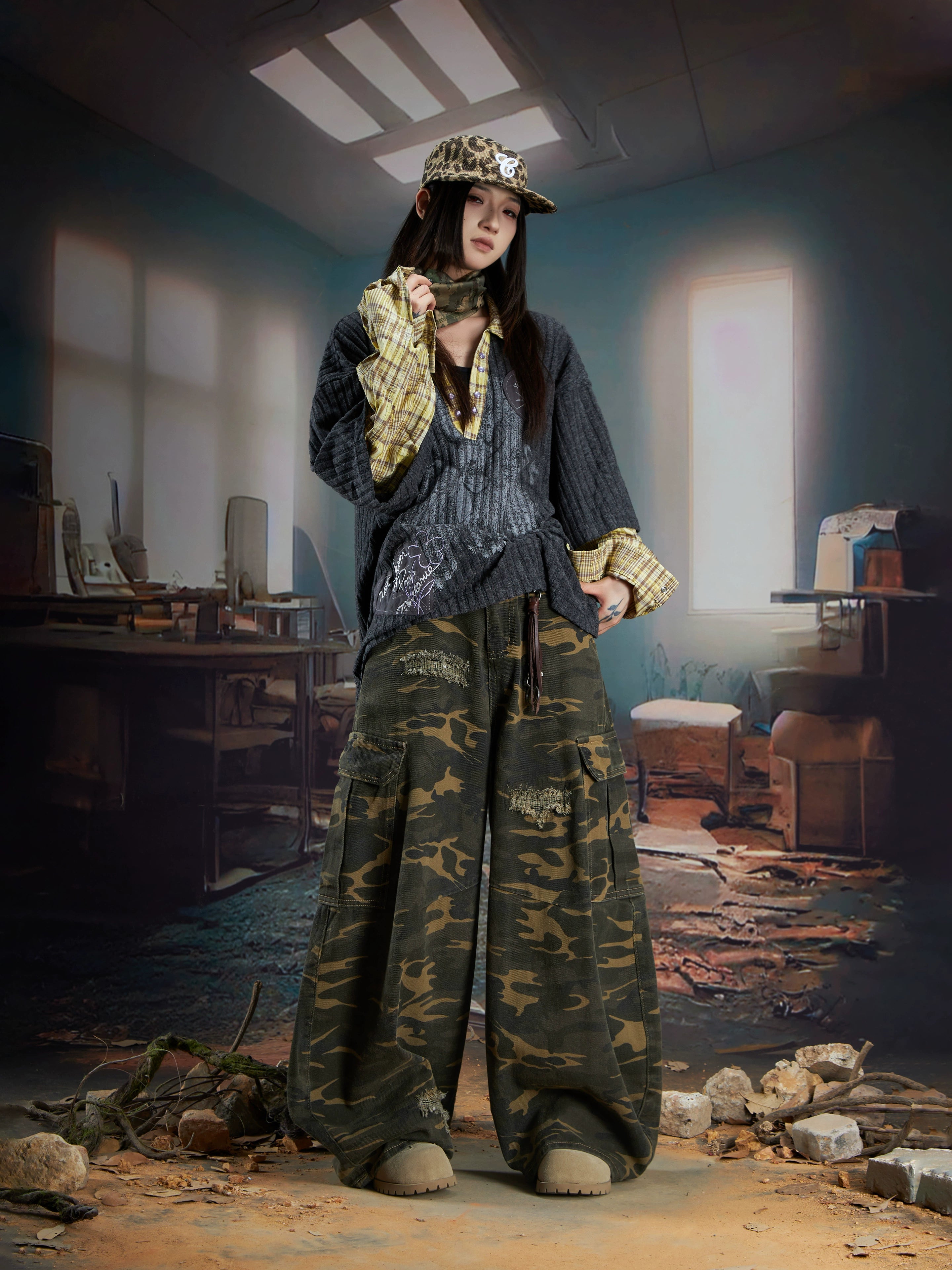 Layered V-Neck Long Sleeve Shirt-Collar Loose Fit Sweatshirt