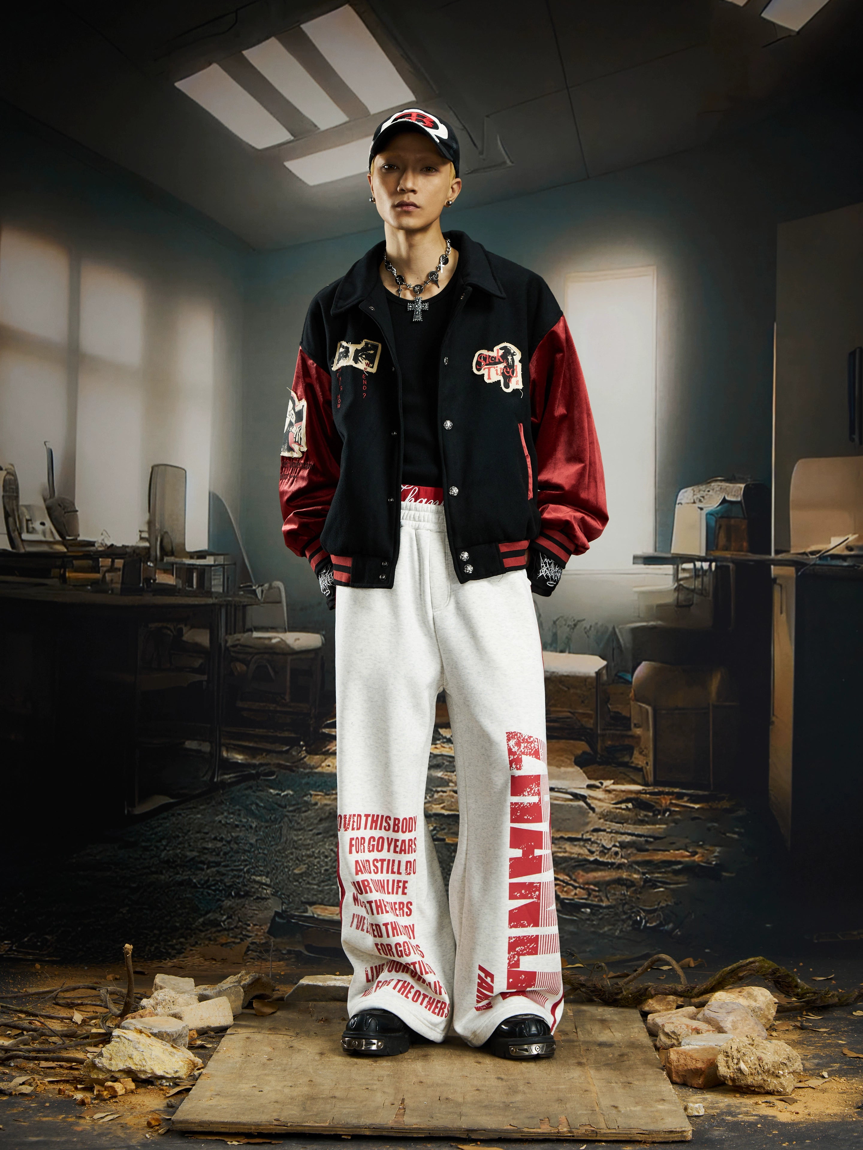 Red and Black Patchwork Vintage Varsity Jacket