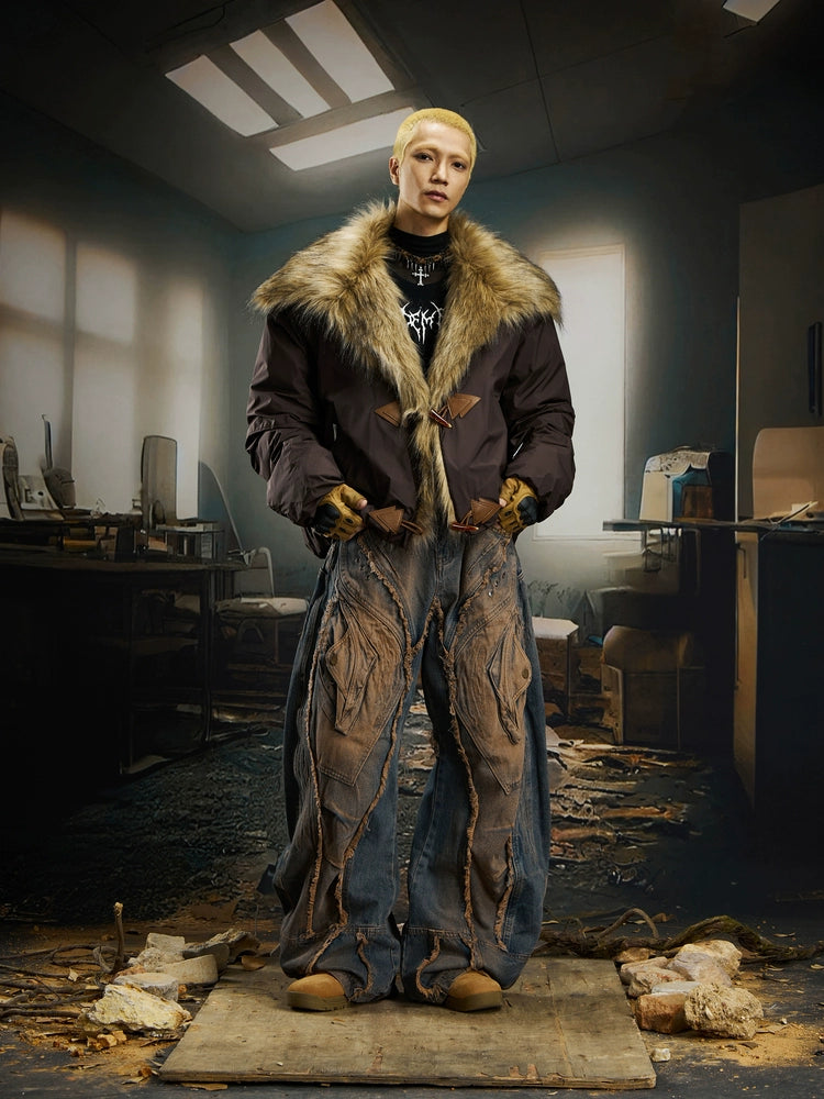 A luxurious wide-lapel cropped puffer with soft fur trim and thick padding. Designed by Sanhoostudio for high-street winter styling with a bold silhouette.