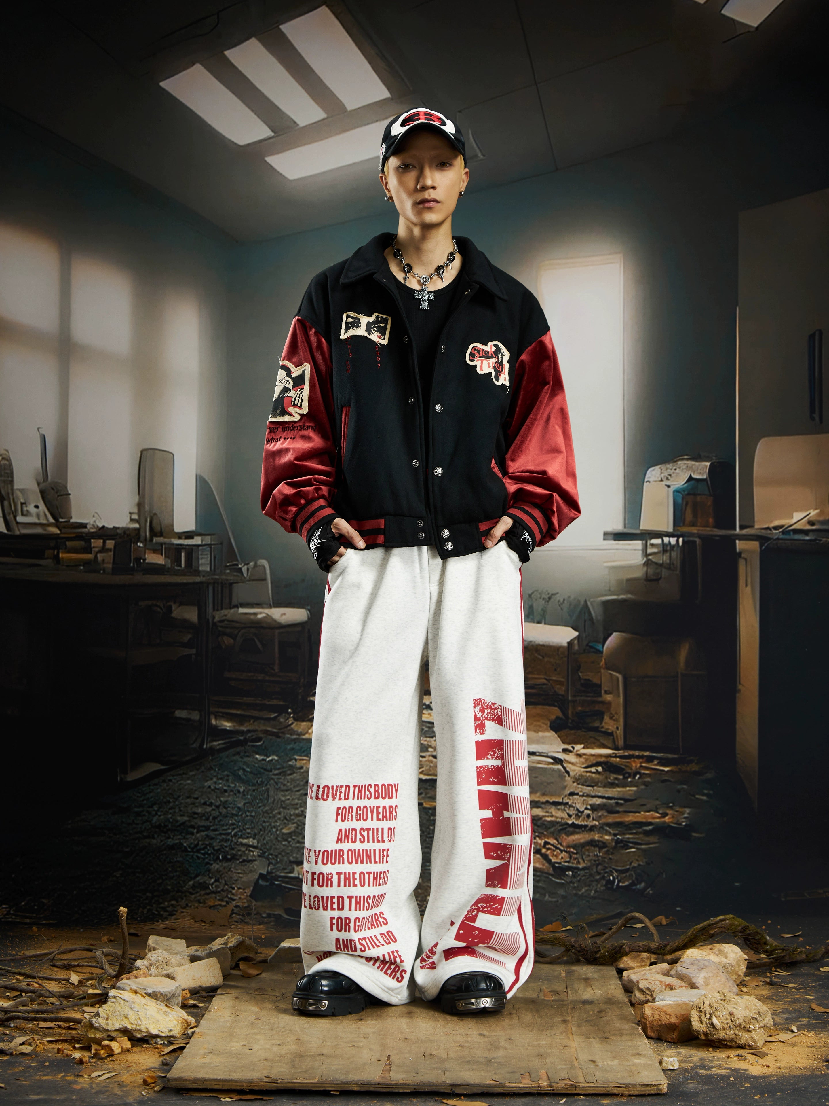 Red and Black Patchwork Vintage Varsity Jacket