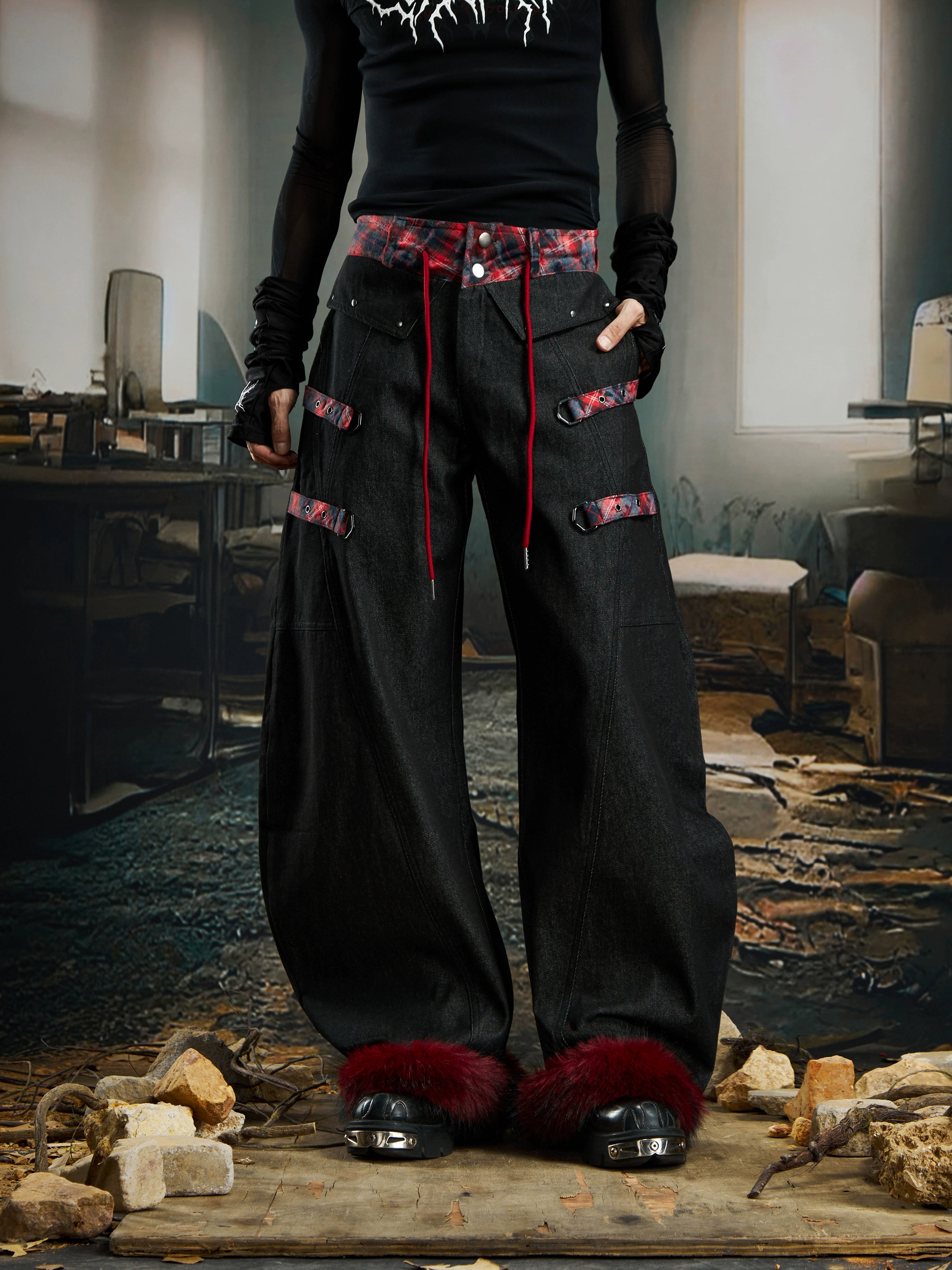 Y2K Plaid Patch Furry Detachable Hem Blade-Cut Jeans