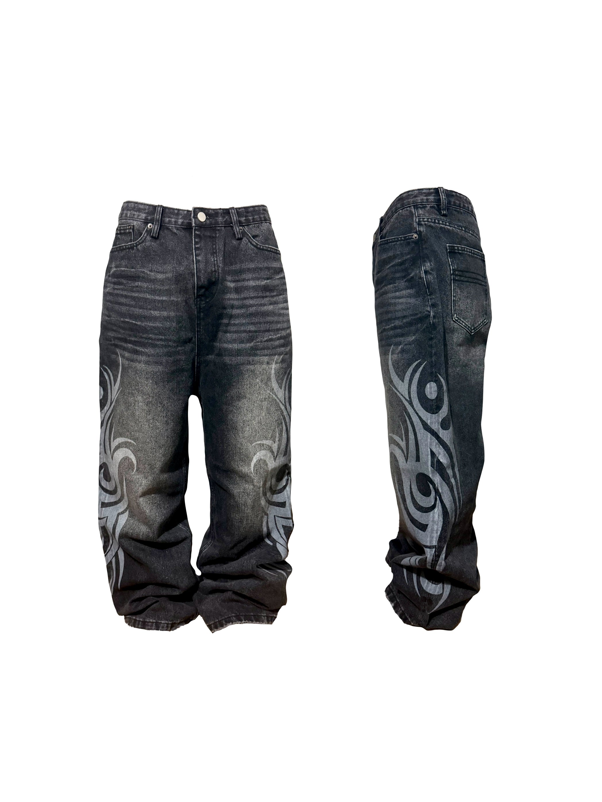 These Sanhoostudio jeans showcase bold totem rune prints across a wide-leg straight cut. The oversized fit and retro wash add cultural inspiration to streetwear, making them a unique fashion-forward piece.