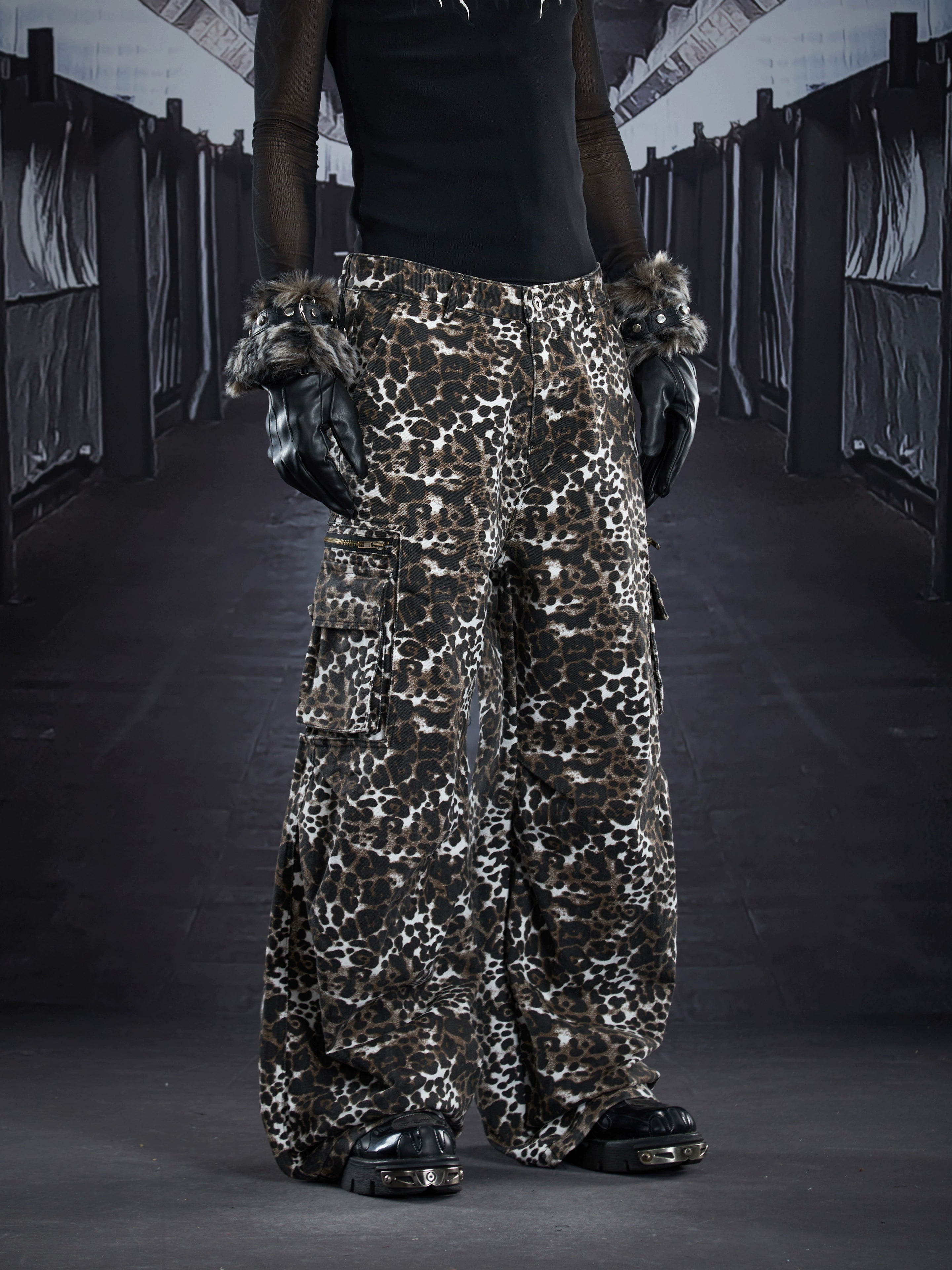 Dark punk-inspired straight cargo pants featuring pleated structure, oversized multi-pocket utility, and a bold leopard pattern. A statement unisex streetwear essential from Sanhoostudio.