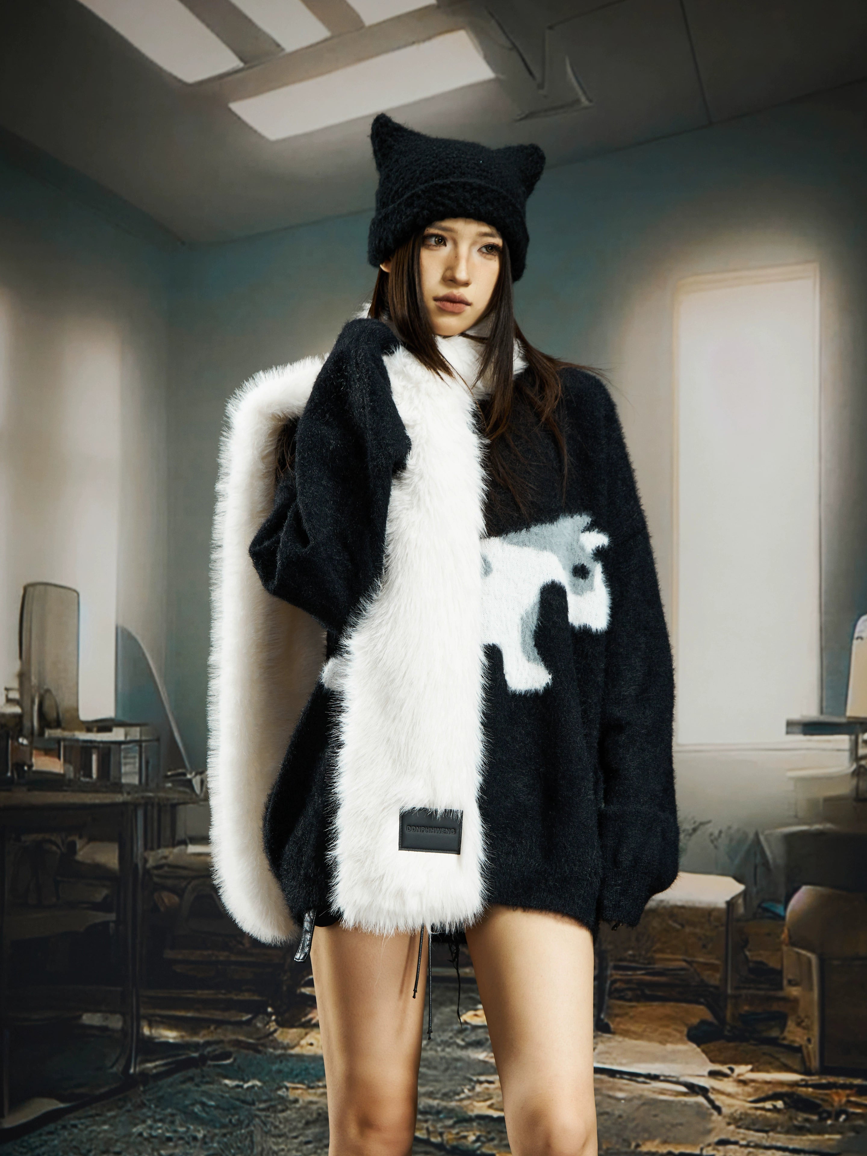 A soft mohair-inspired dog-pattern knit sweater from Sanhoostudio, featuring a relaxed unisex silhouette and warm cozy texture for winter streetwear layering.