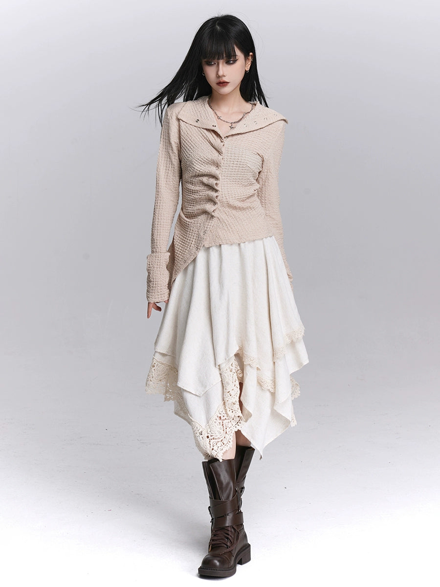 Artistic Irregular A-Line Apricot White Skirt