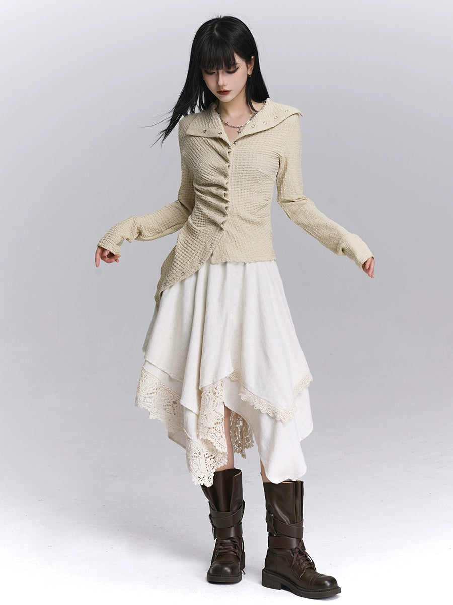 Shop Sanhoostudio’s textured early autumn irregular shirt with unique details for a stylish streetwear look. Perfect for casual layering and chic daily outfits.