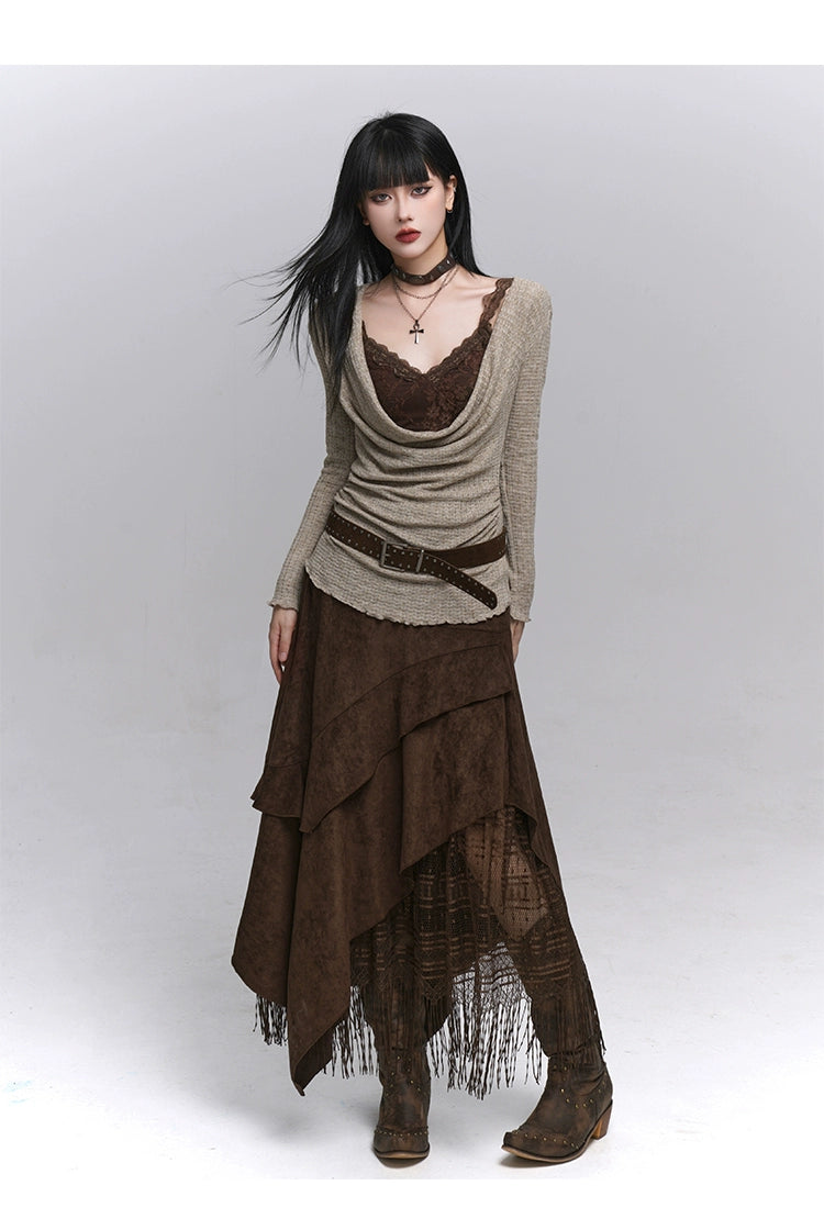 Brown Suede A-Line Maxi Skirt