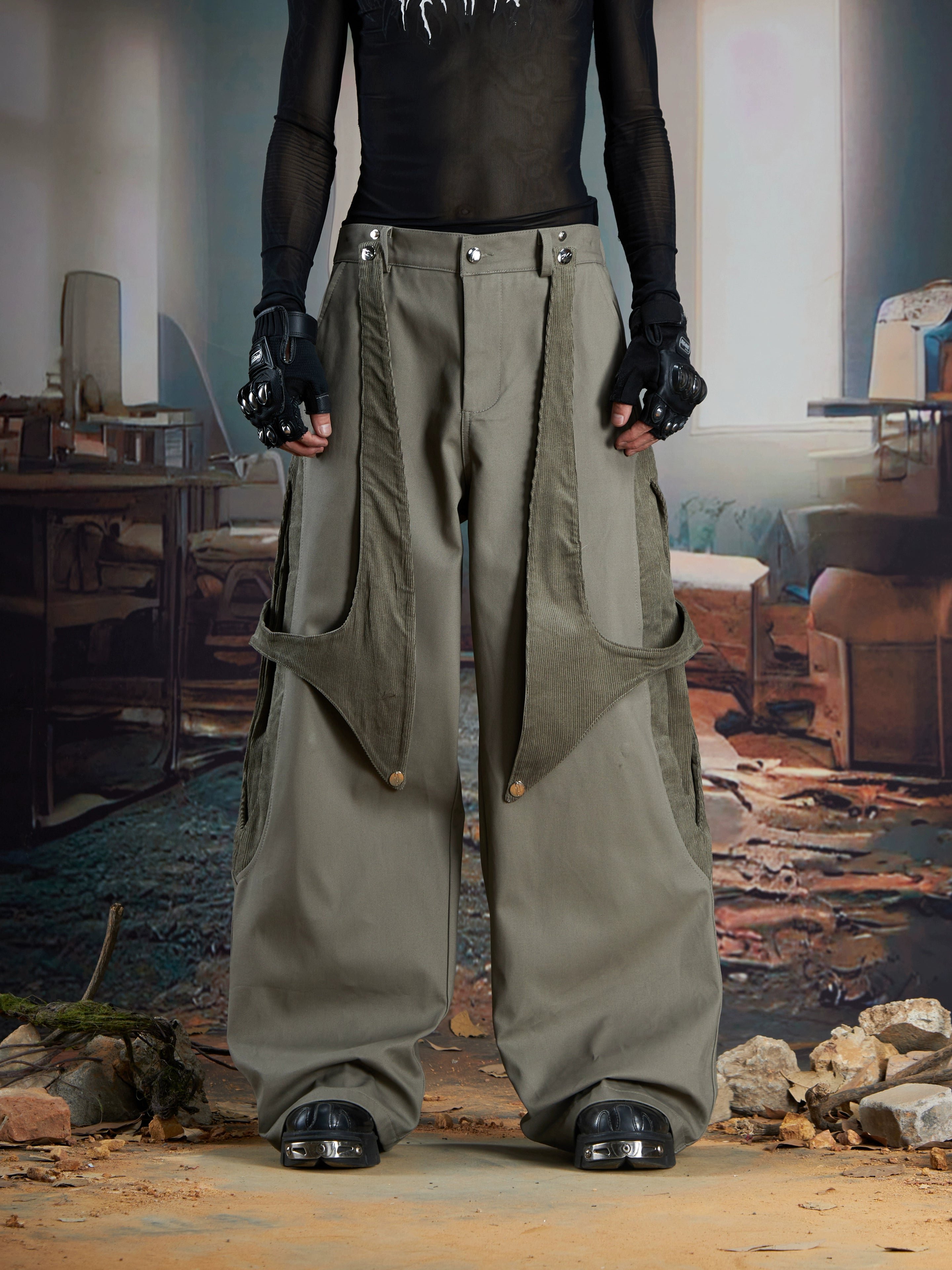 Detachable Panel Corduroy Straight-Leg Pants Two-Way Wear