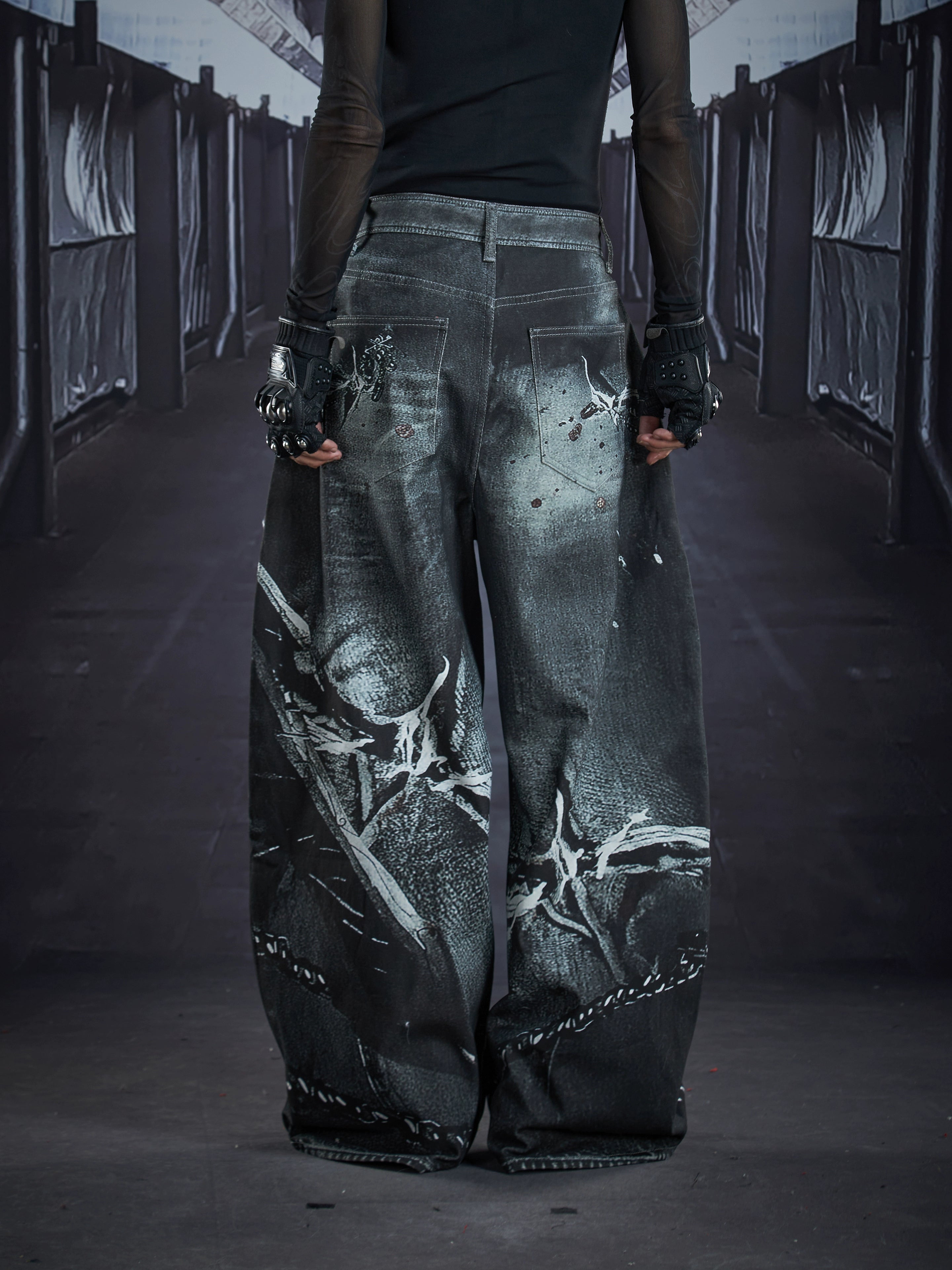 3D Chain-Print Deconstructed Punk Wide Blade-Leg Pants