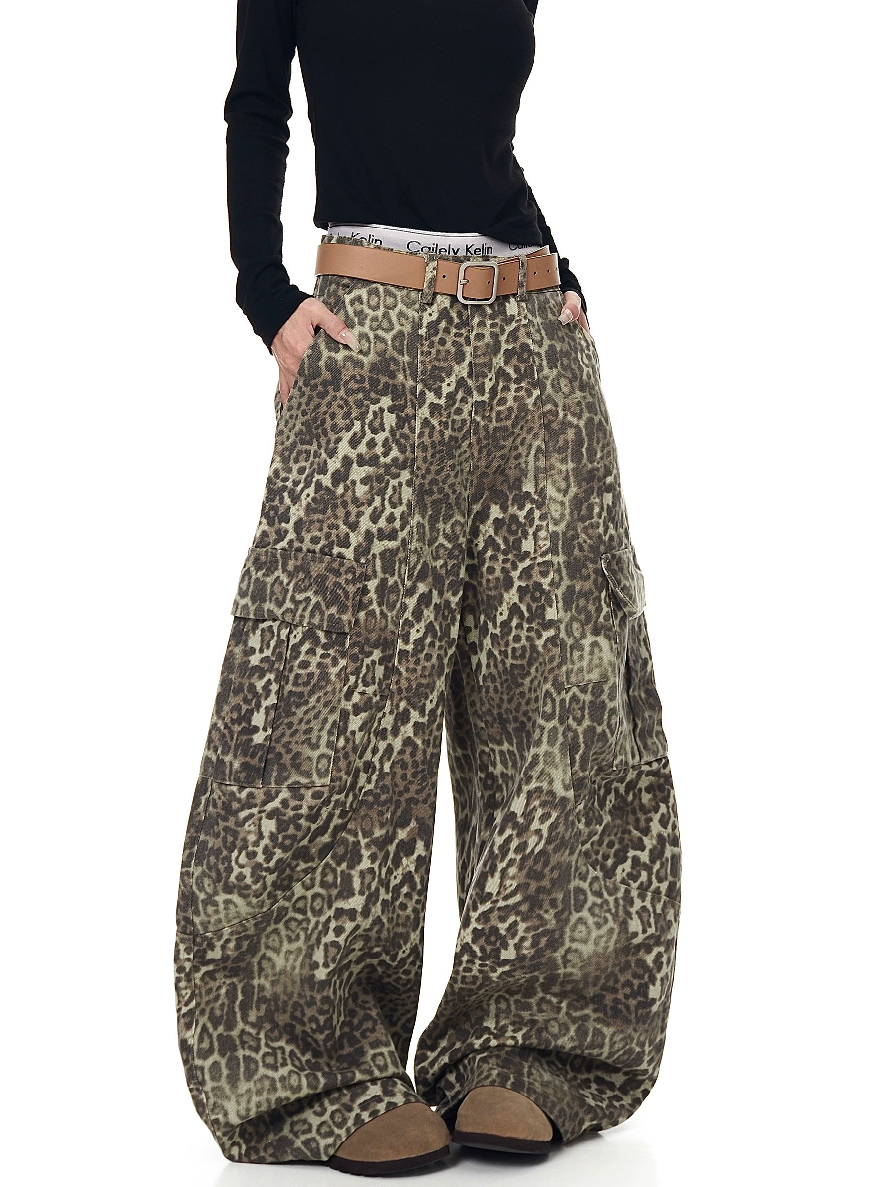 Leopard Multi-Pocket Cargo Denim Wide-Leg Pants