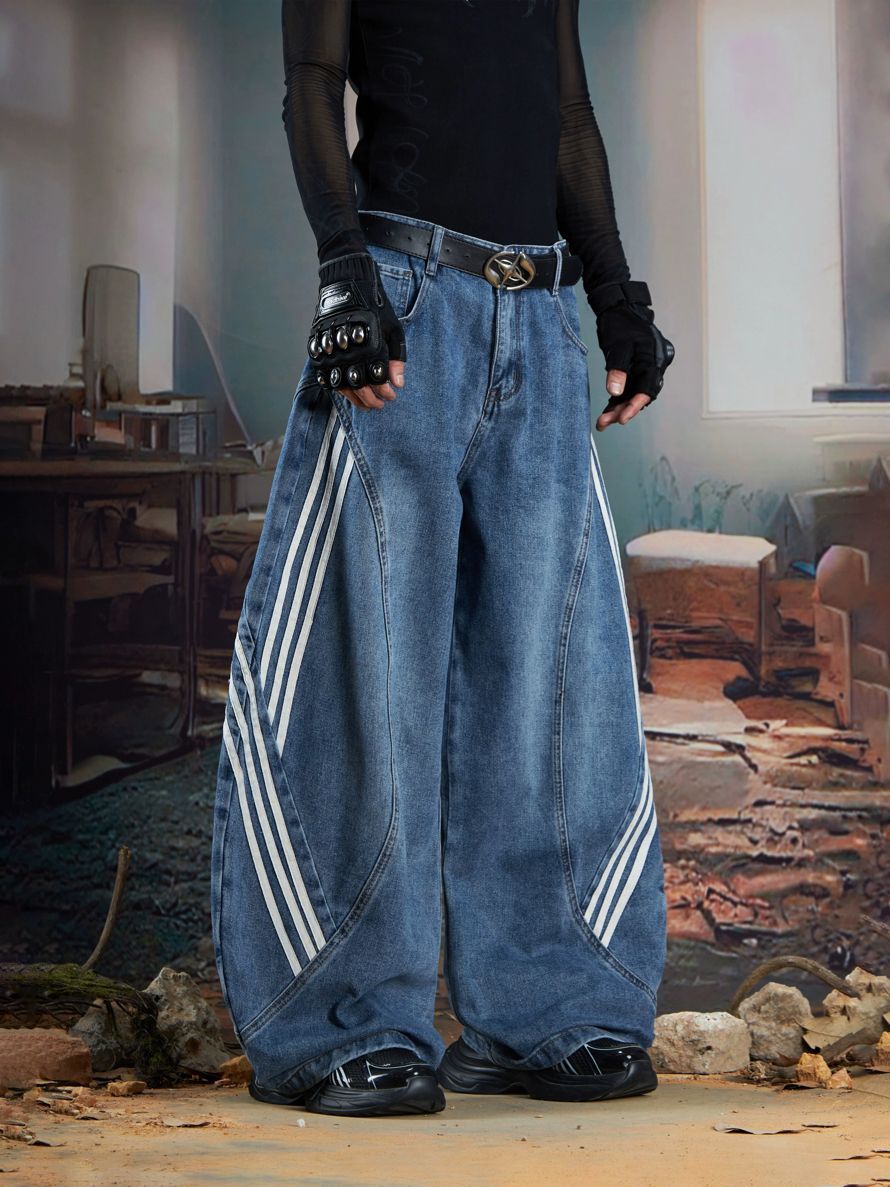 Three-Stripe Deconstructed Wide-Leg Denim Streetwear Pants