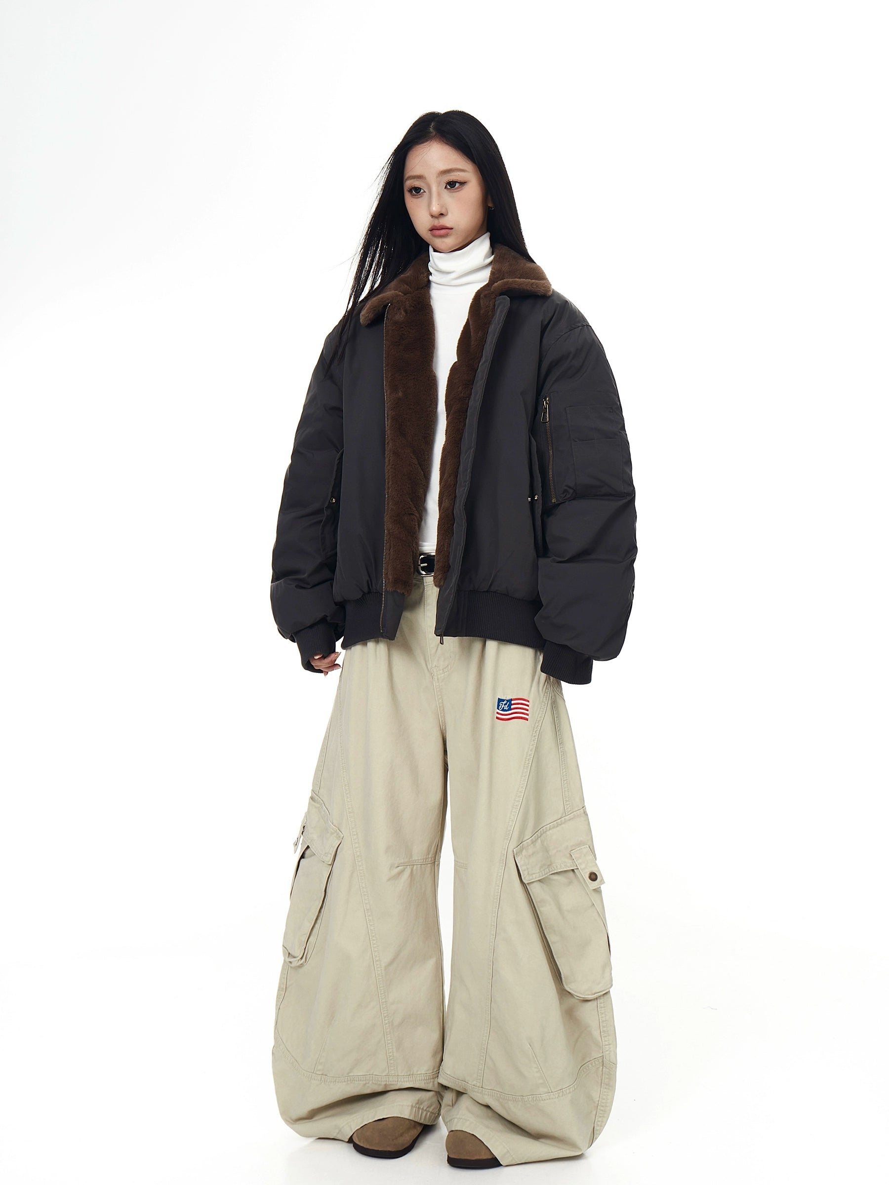 Bomber Shearling-Collar Spliced Flight Puffer Jacket