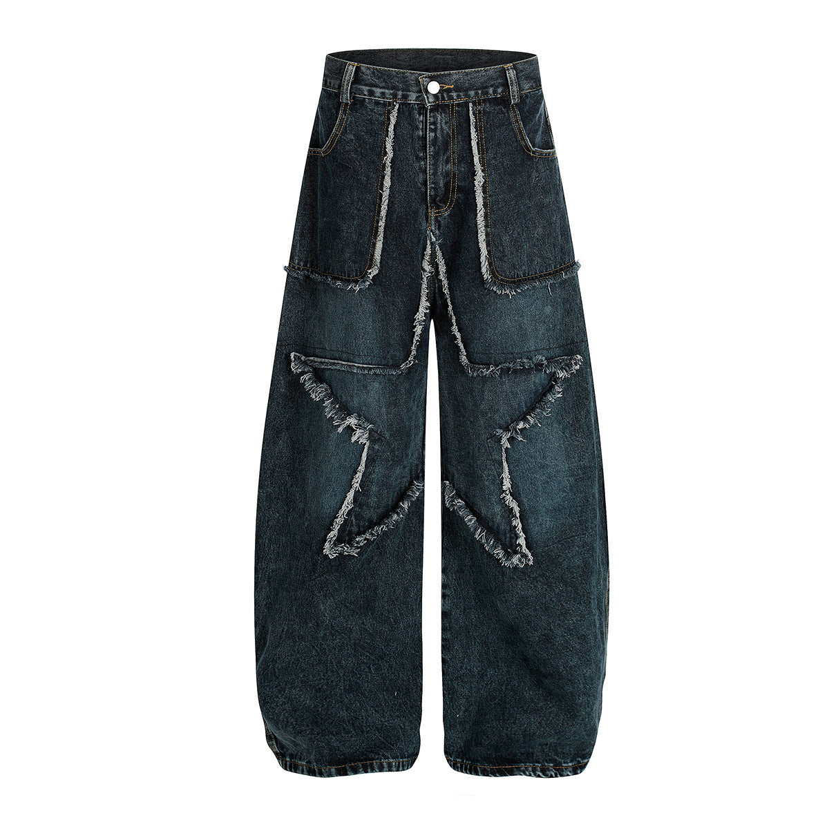 【25s Aug.】Vintage Star Embroidered Raw Hem Washed Jeans