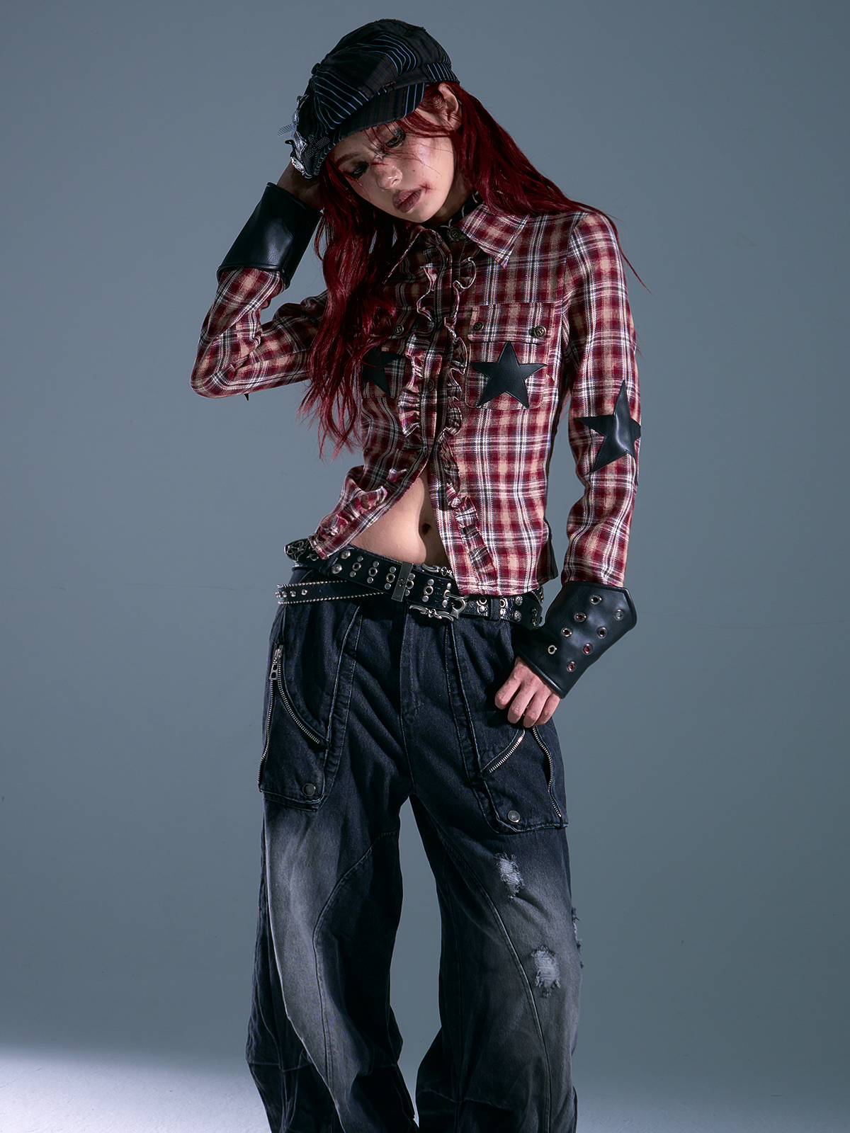 Punk Star Patchwork Slim Plaid Shirt