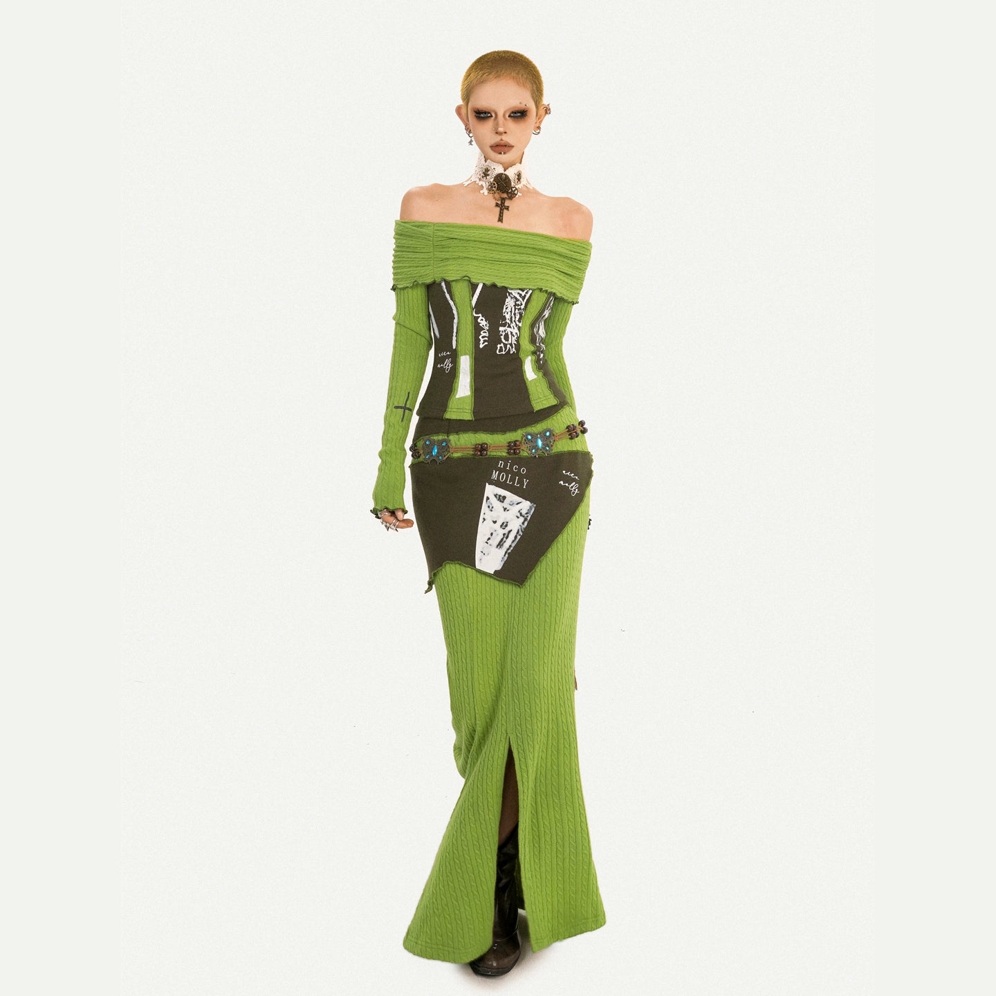 Avant-Garde Olive Off-Shoulder Fitted Split Long Dress Two-Piece Set