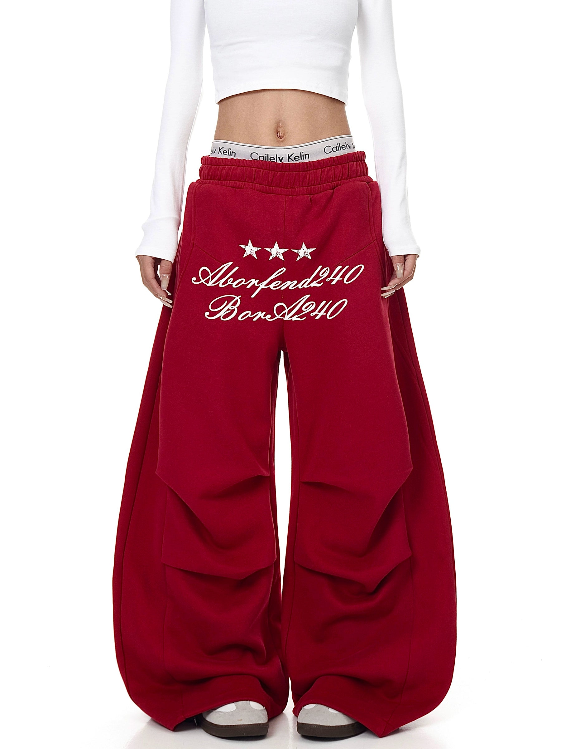 Star Letter Print Ruched Wide-Leg Sweatpants
