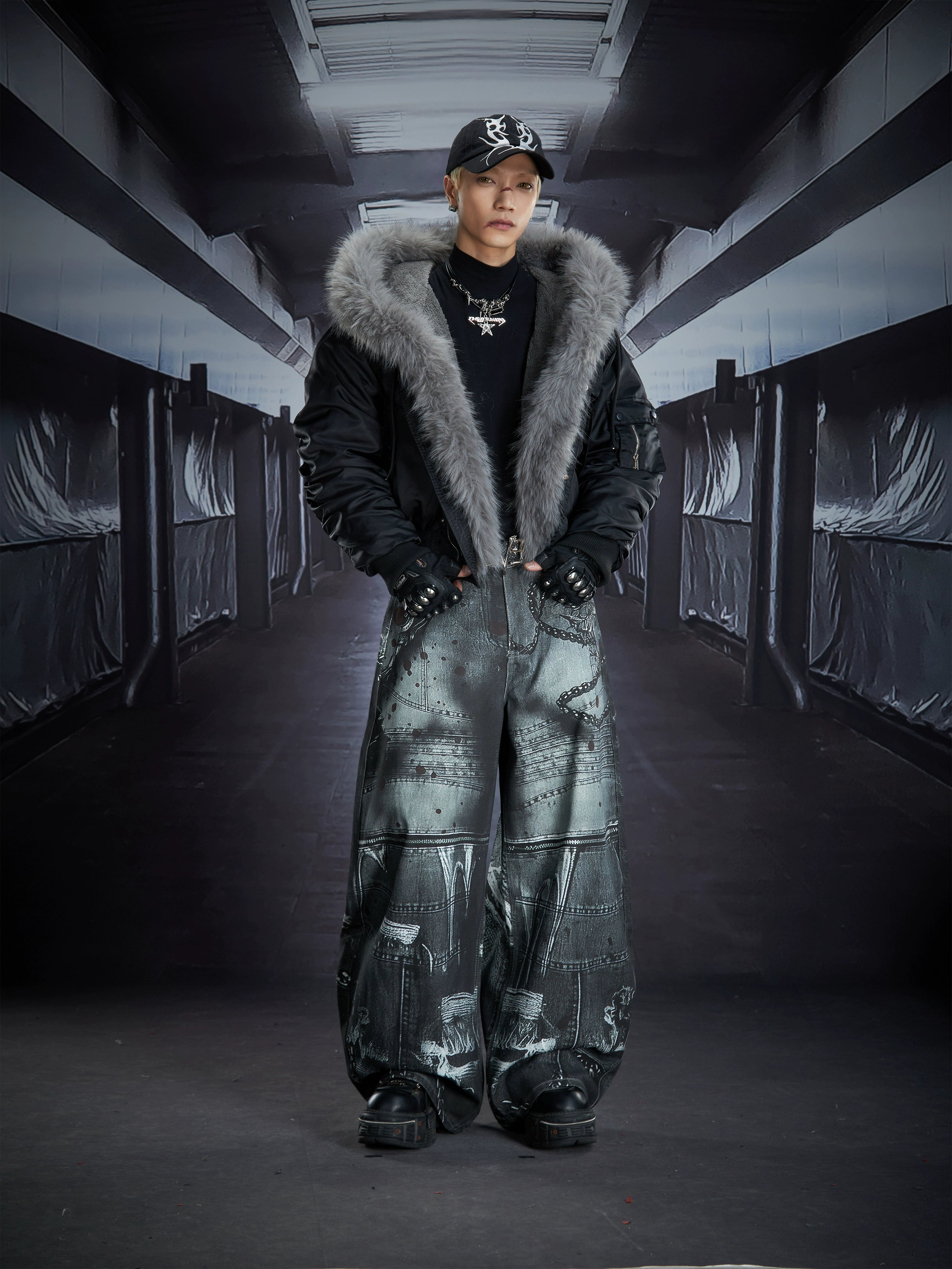 3D Chain-Print Deconstructed Punk Wide Blade-Leg Pants