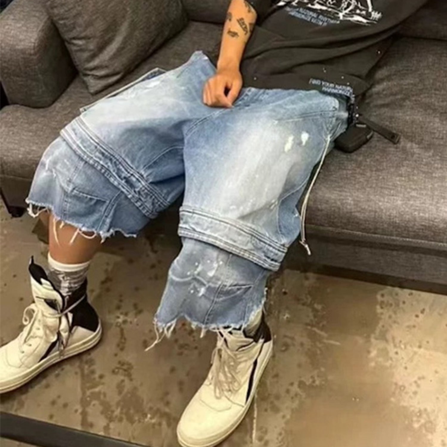 Whiskered Distressed Deconstructed Patchwork Cropped Pants