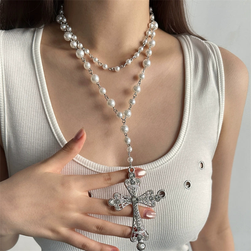 Layered Cross Pearl Choker Necklace