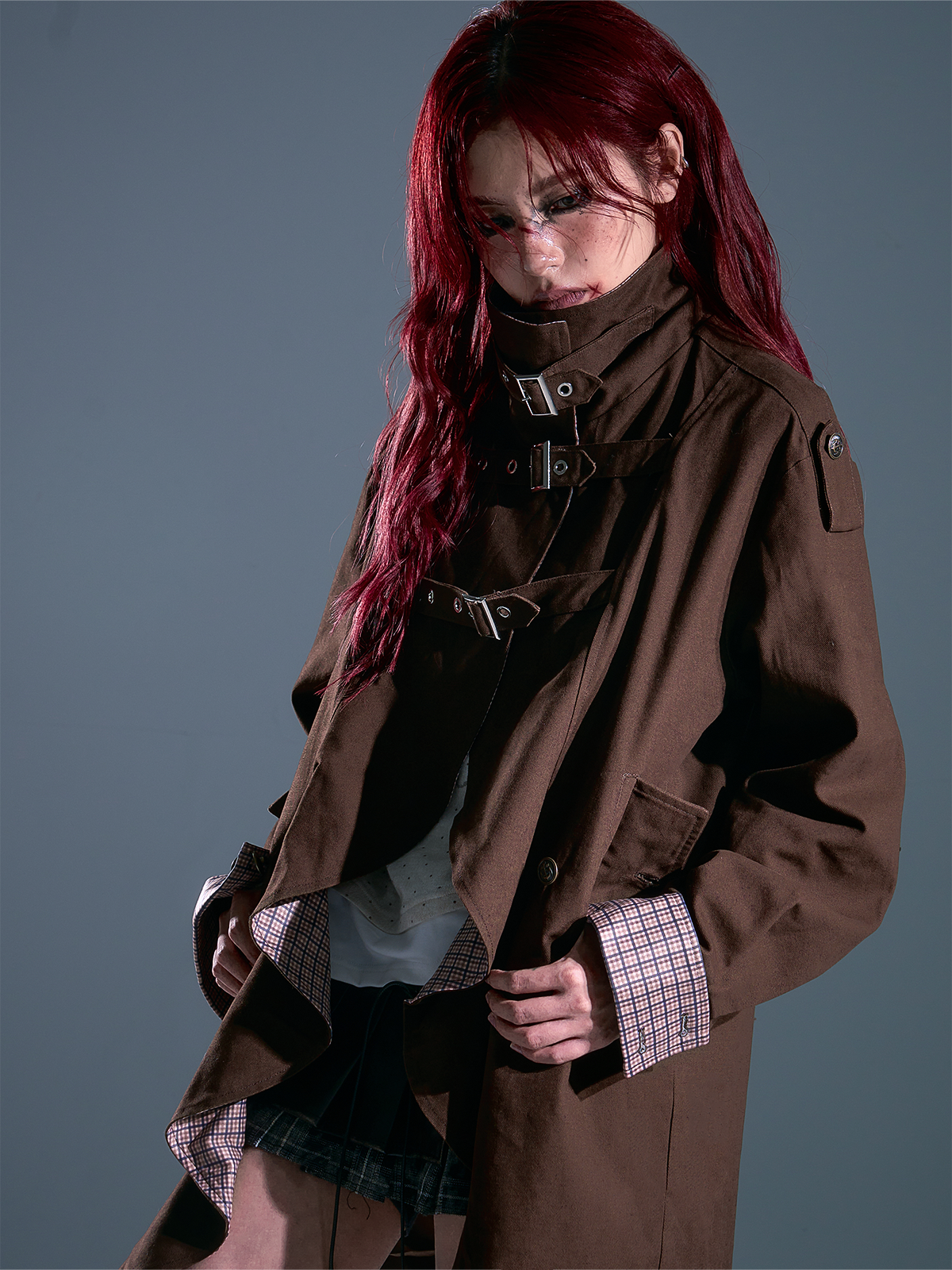 Vintage Plaid Contrast Lapel Long Coat