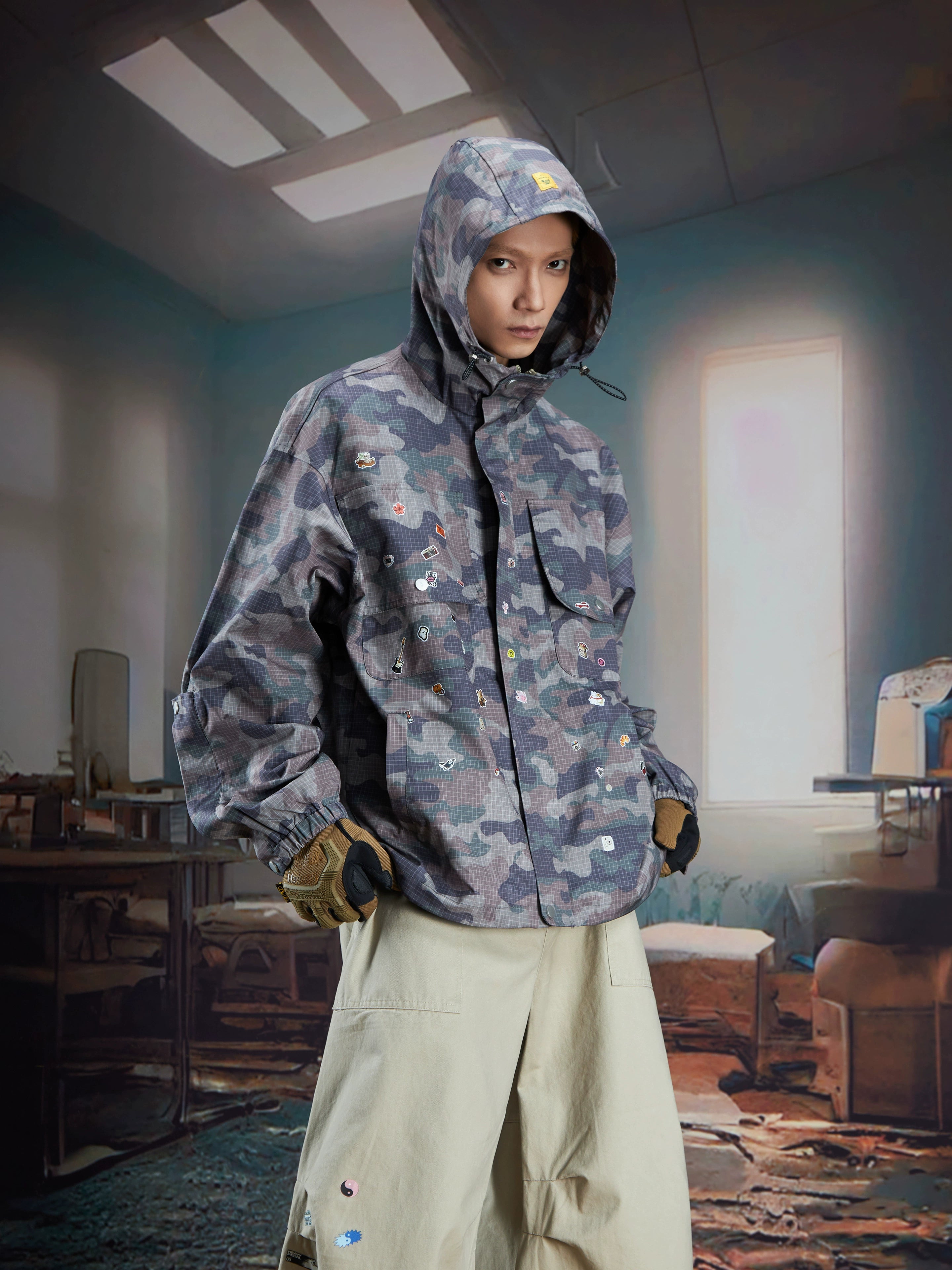 Graphic Print Hooded Zip-Up Camo Jacket Outdoor Style