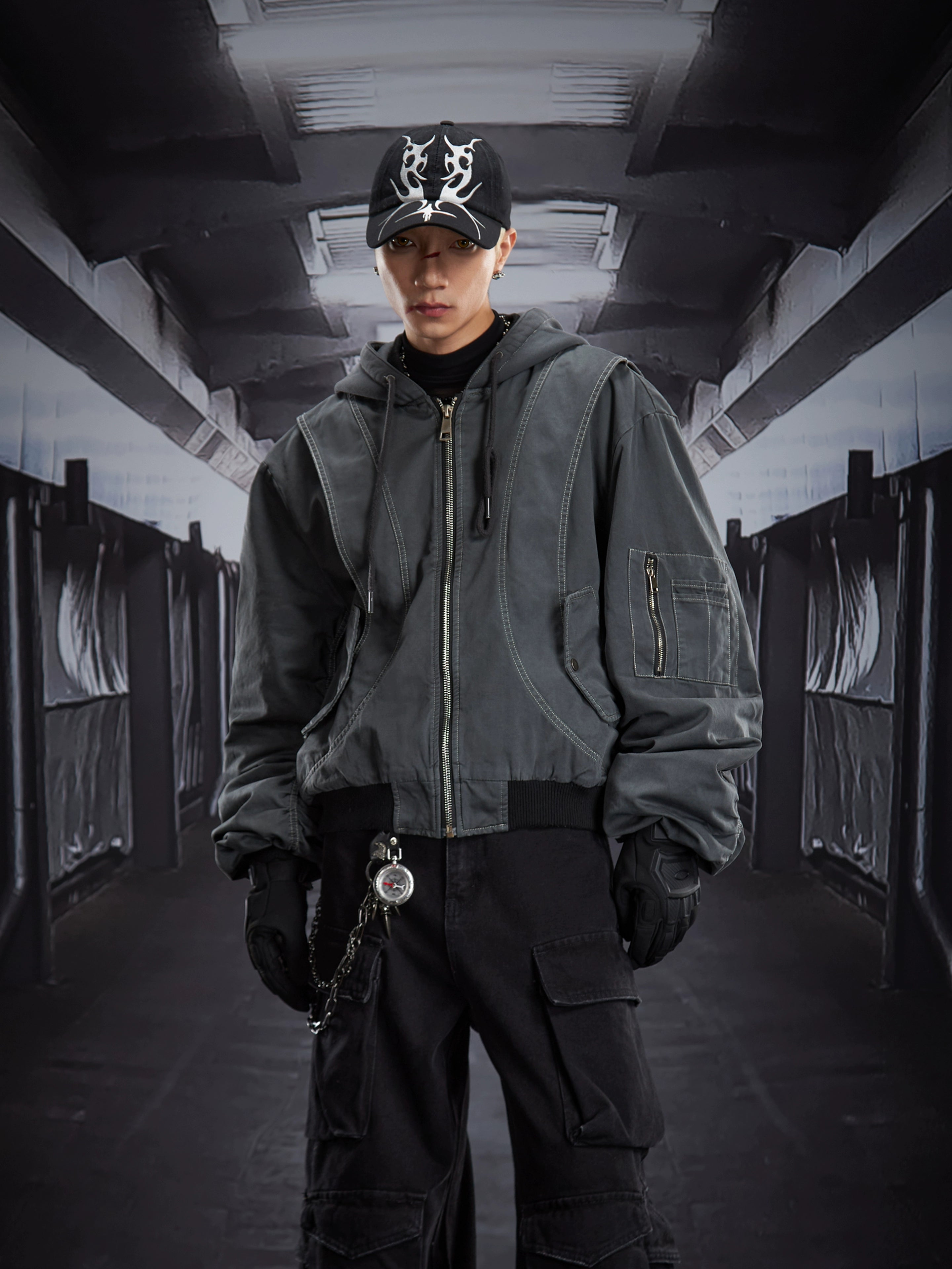 A versatile deconstructed utility puffer jacket with a hooded zip design, warm padding, and a relaxed cropped fit. Crafted by Sanhoostudio for a bold streetwear winter look.