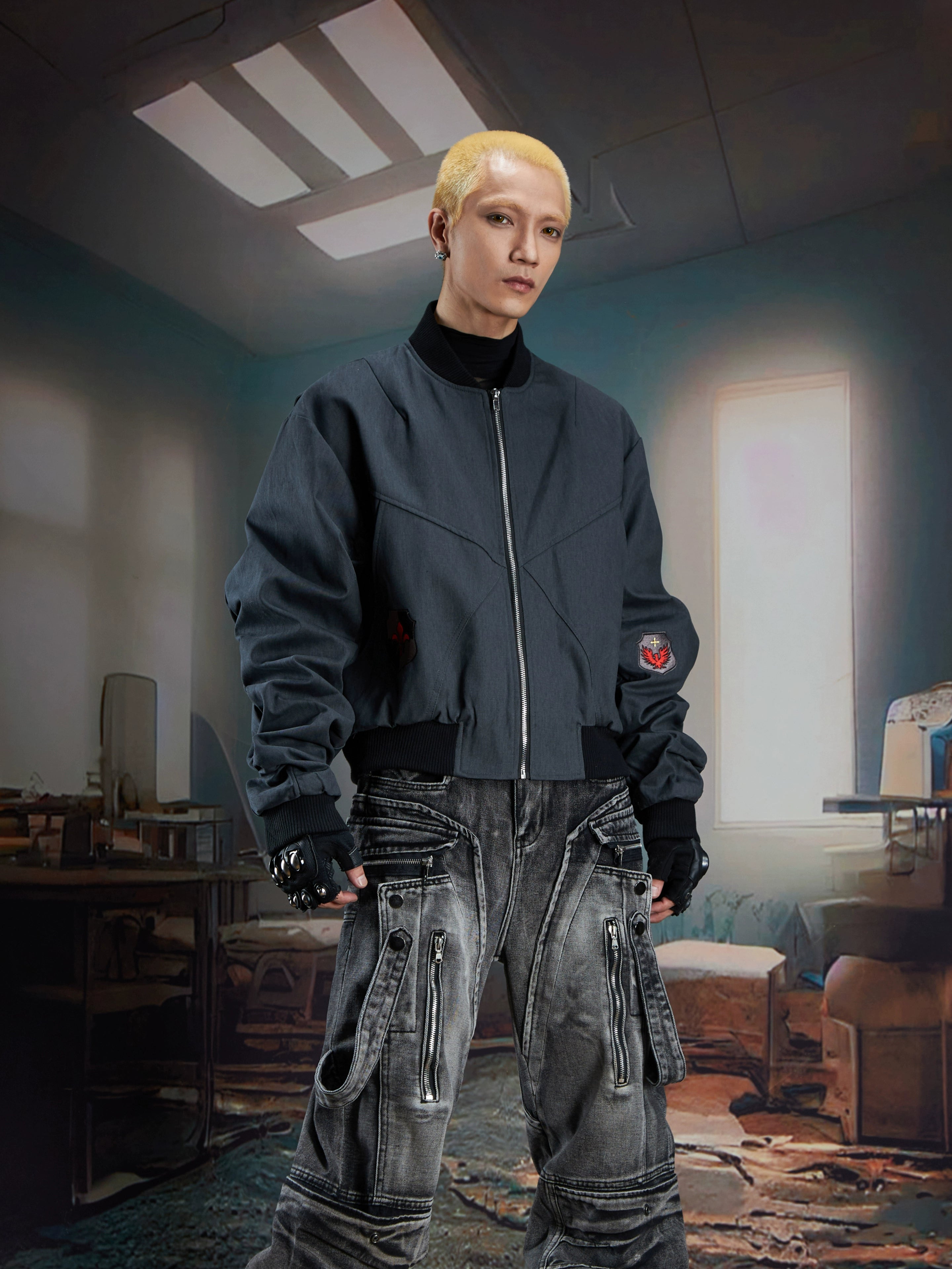 Embroidered Textured Short Zip-Up Jacket with Gathered Sleeves