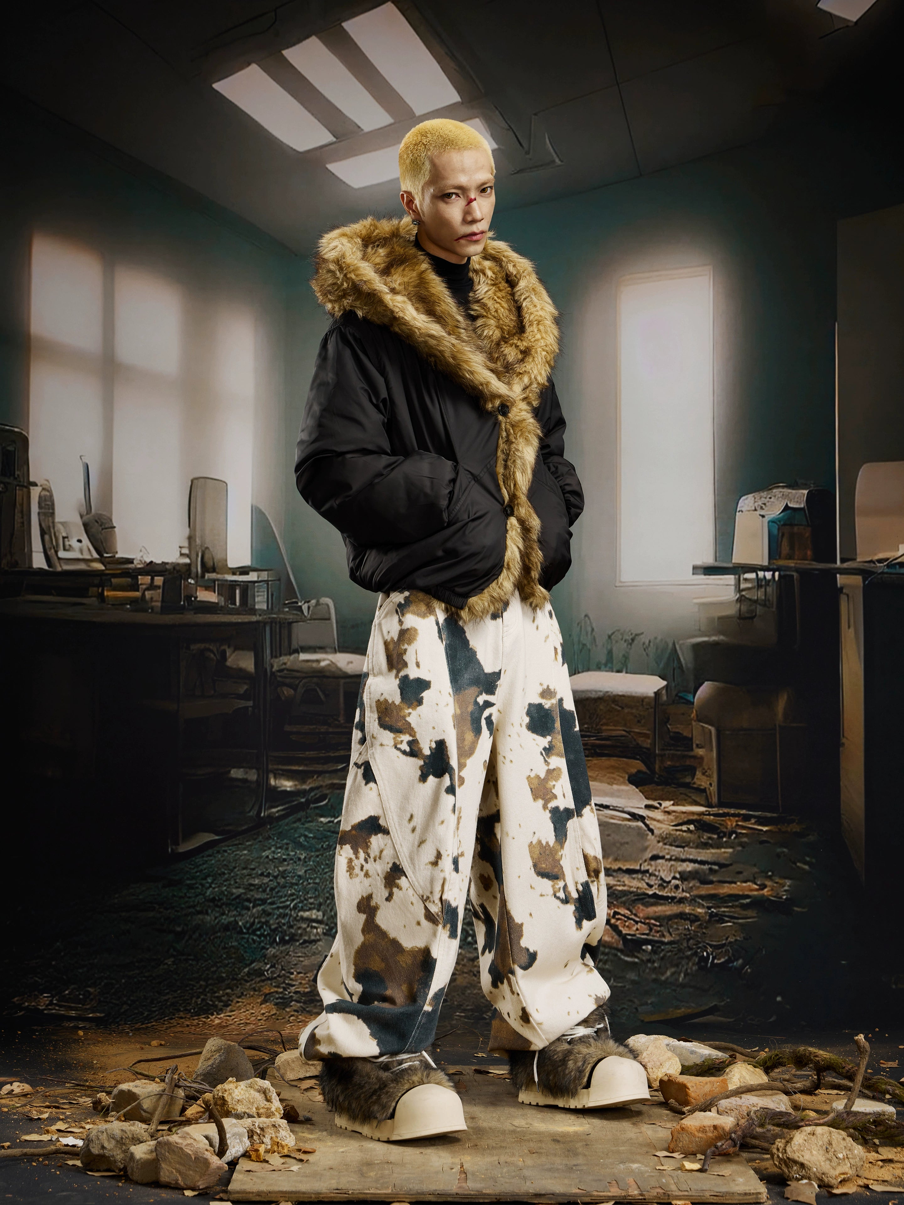 Oversized Fur-Trim Hooded Puffer Coat with Patchwork Design