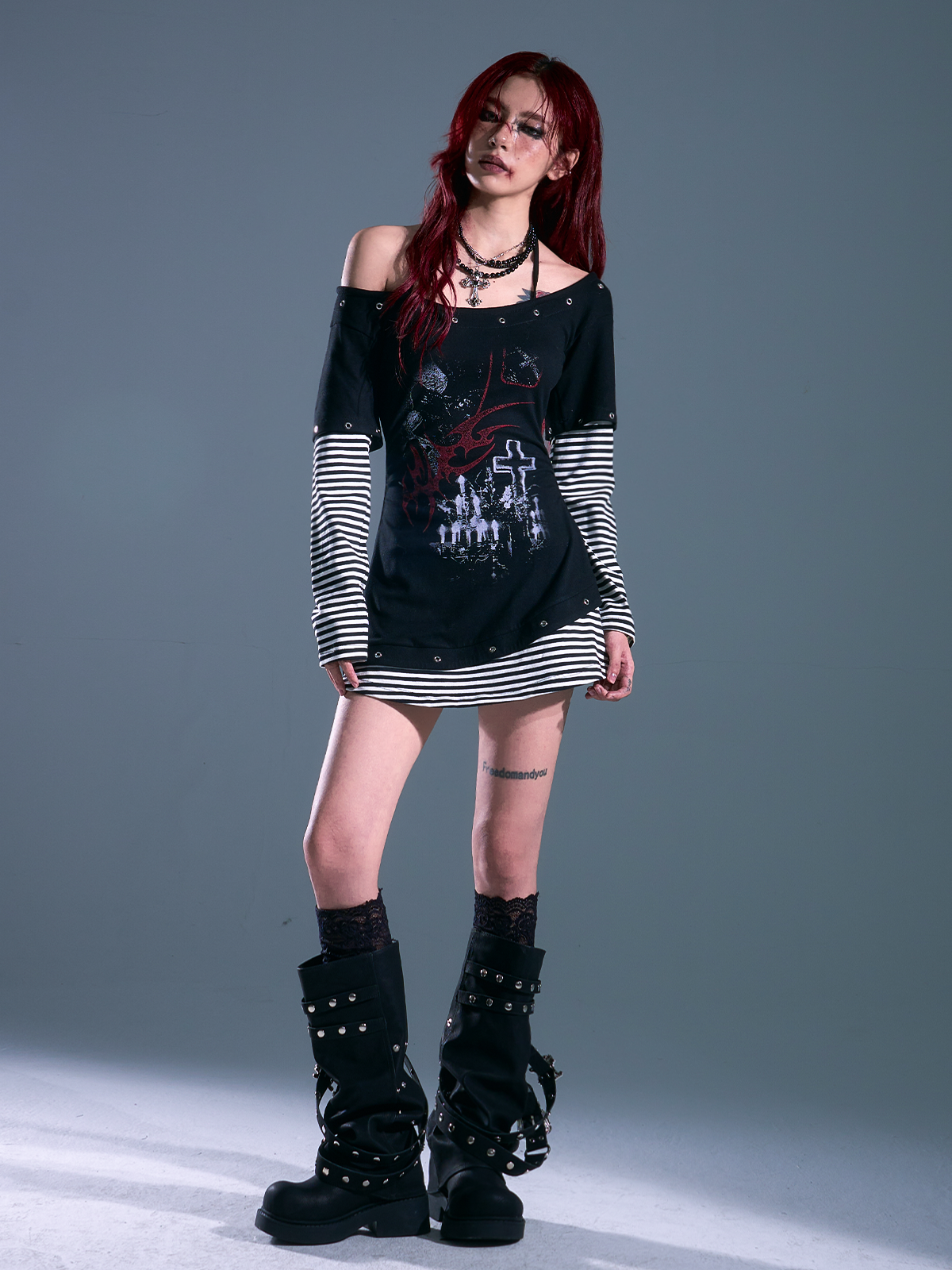 Punk Rock Printed Layered One-Shoulder Dress