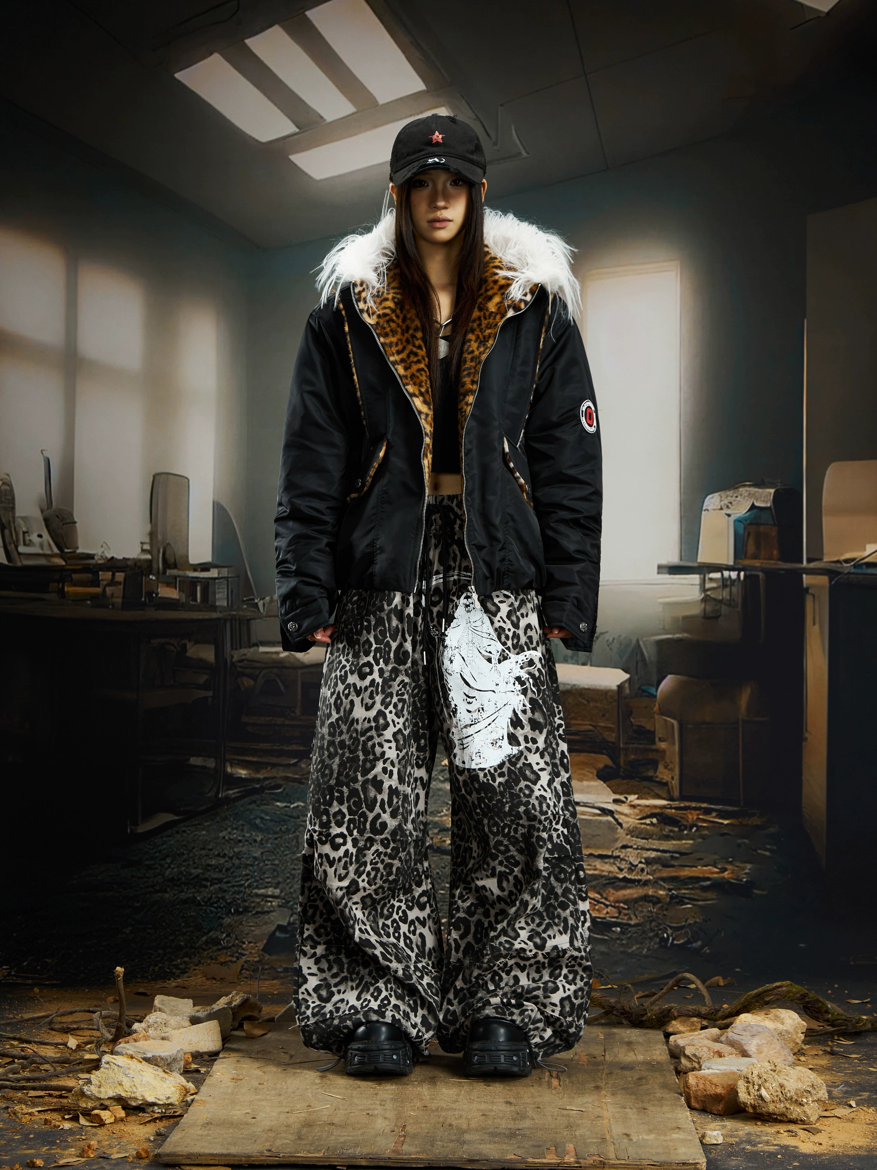 A bold leopard patchwork hooded puffer with long-fur panels and warm thick padding. Designed by Sanhoostudio for high-impact winter streetwear.