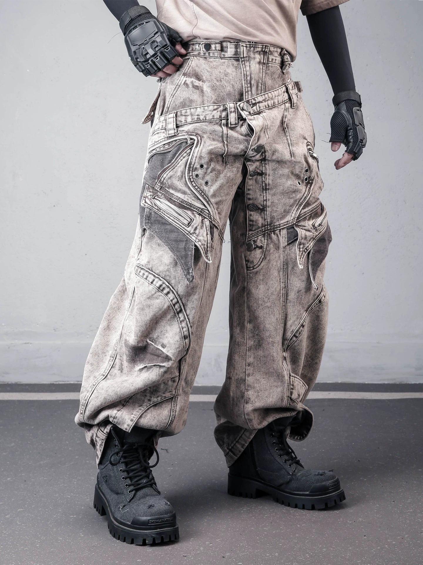 Sanhoostudio wide leg denim pants featuring double waist design, distressed wash, and scythe-cut silhouette. Designed for modern streetwear styling with a loose fit, durable structure, and bold urban aesthetic for everyday wear.