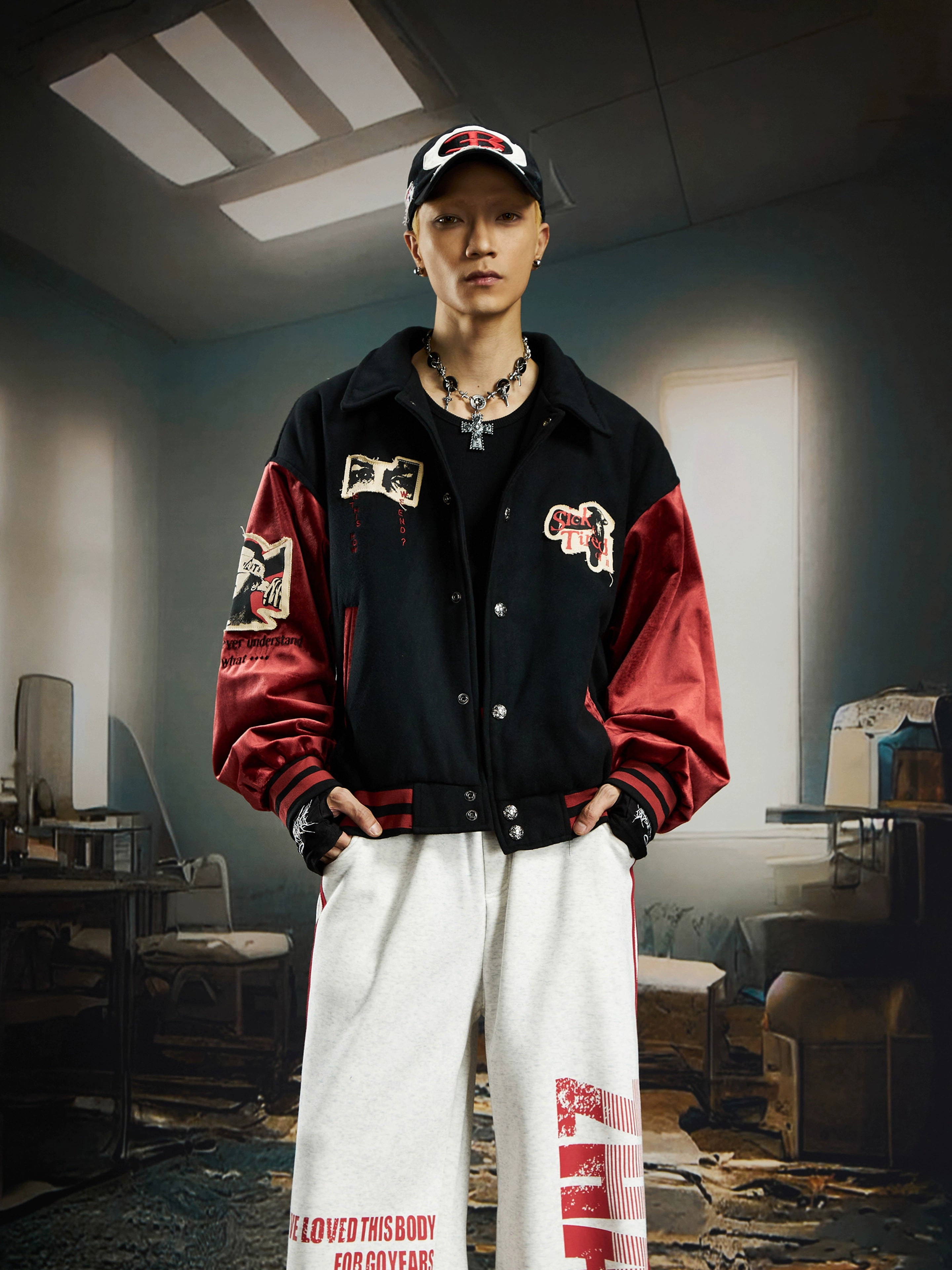 Red and Black Patchwork Vintage Varsity Jacket