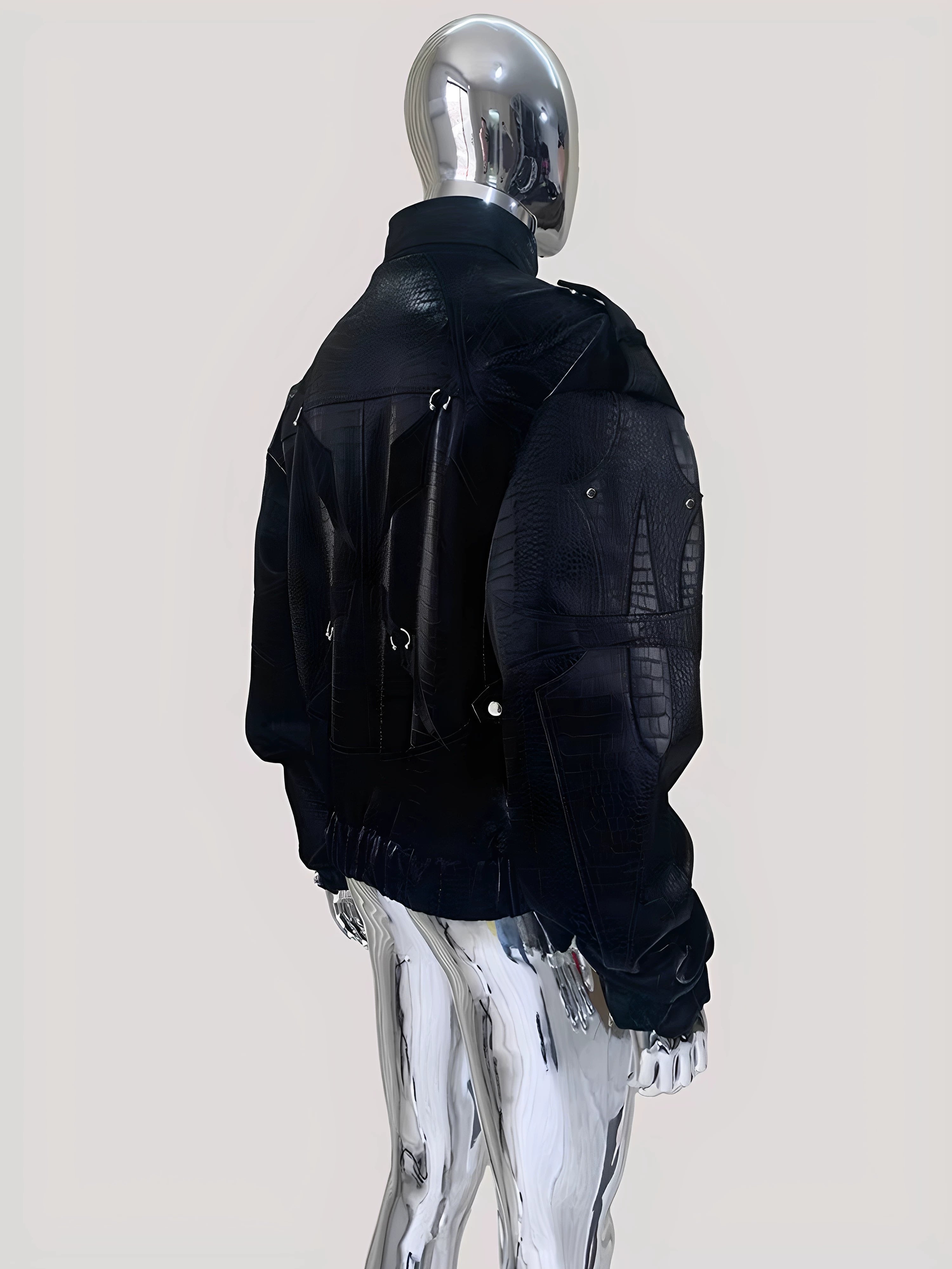 Sanhoostudio Crocodile Embossed Colorblock PU Leather Jacket