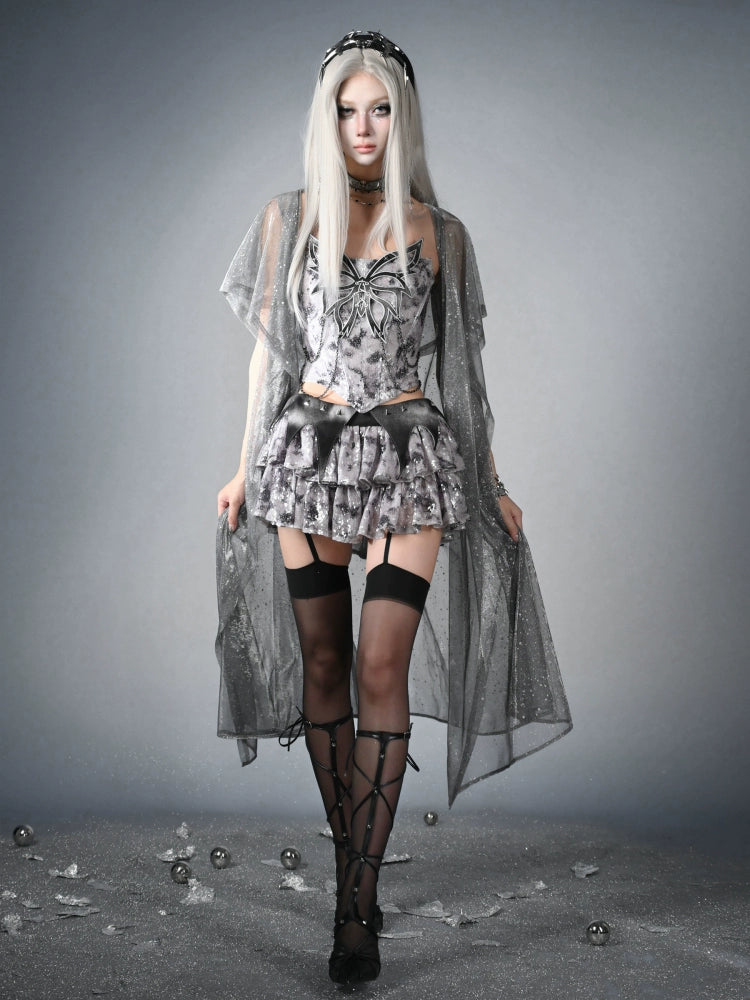 Sanhoostudio Sequin Low-Waist Cake Skirt made from 100% polyester features Y3K punk style with sparkling sequin embellishments. Perfect for summer festivals, streetwear, and party outfits.