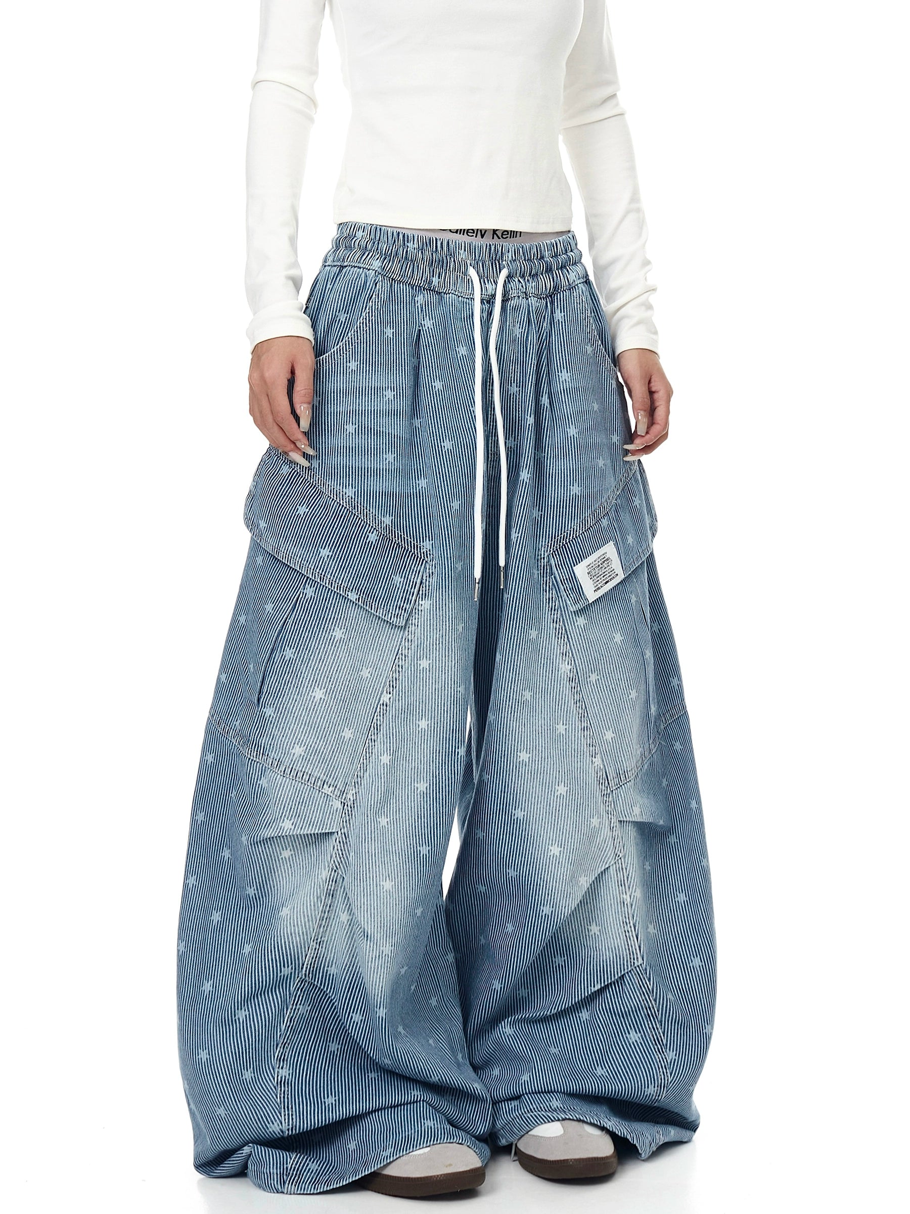 Vintage Star Print Striped Denim Pants