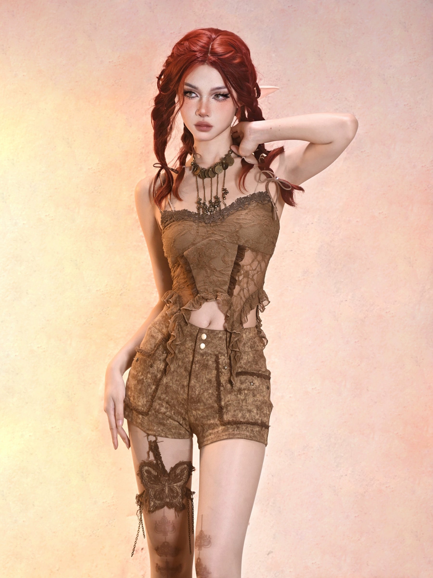 Sanhoostudio Lace Hollow Tank Top made from 100% polyester features retro punk style with lace cut-out details. Perfect for summer layering, streetwear, and casual festival outfits.