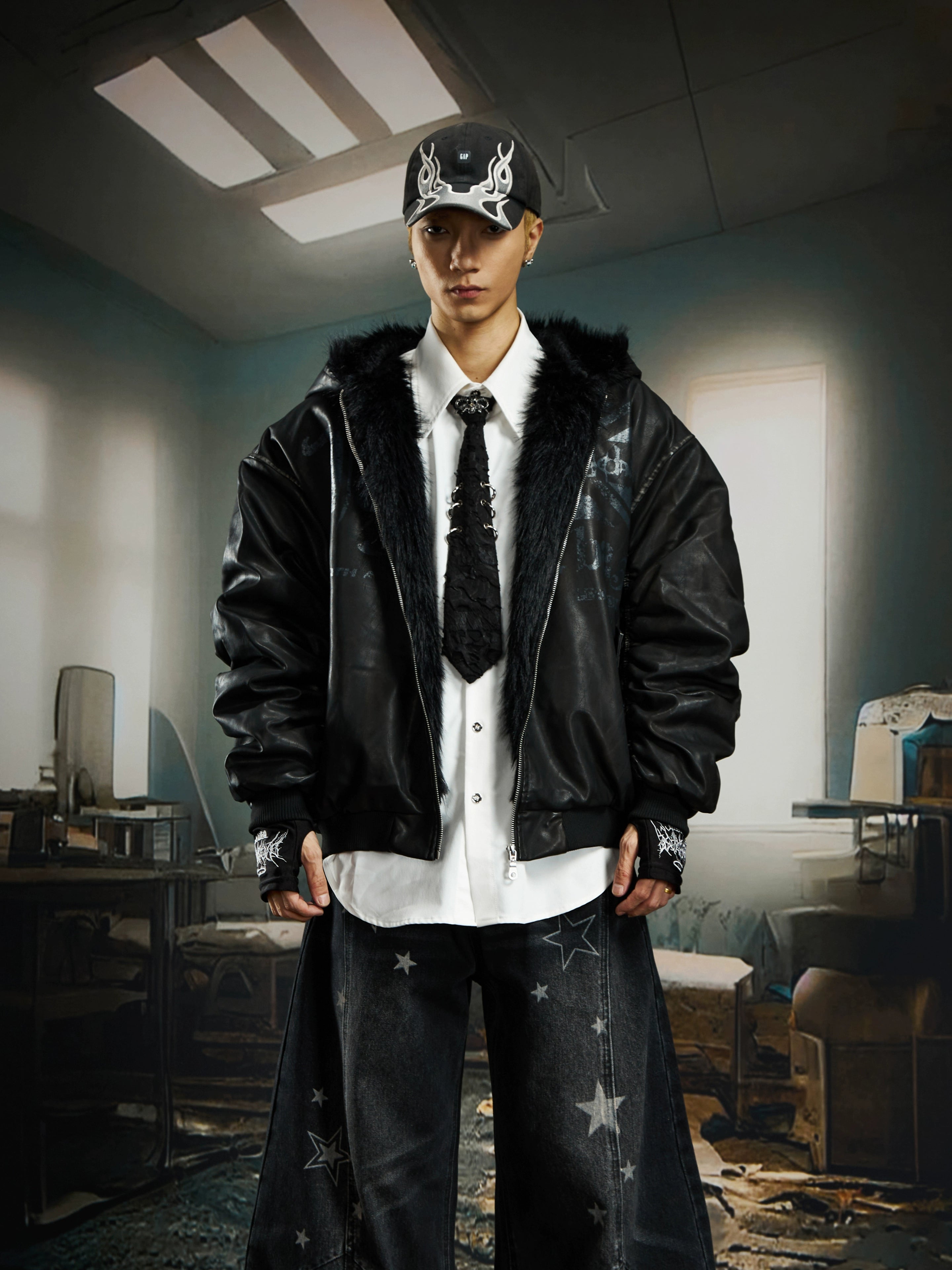 Distressed Dark Print Fur-Collar Hooded Padded Jacket