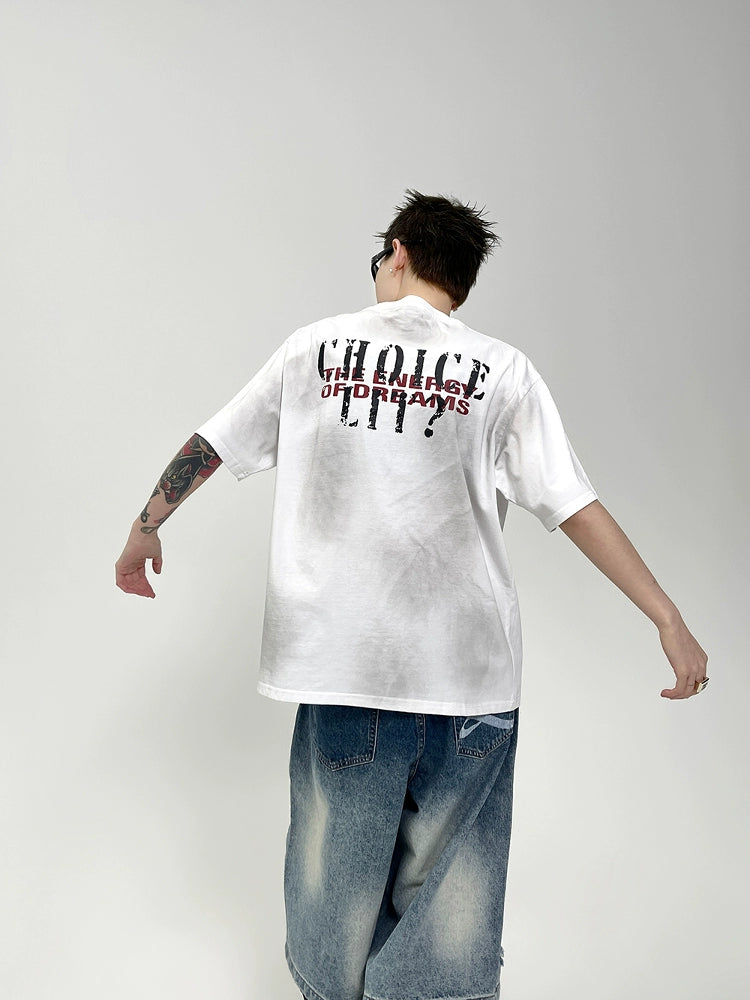 The Sanhoostudio oversized T-shirt features a distressed vintage wash with a round neck and structured shoulders. With its breathable cotton fabric and relaxed high street vibe, it’s a wardrobe staple that blends comfort and edgy streetwear style.