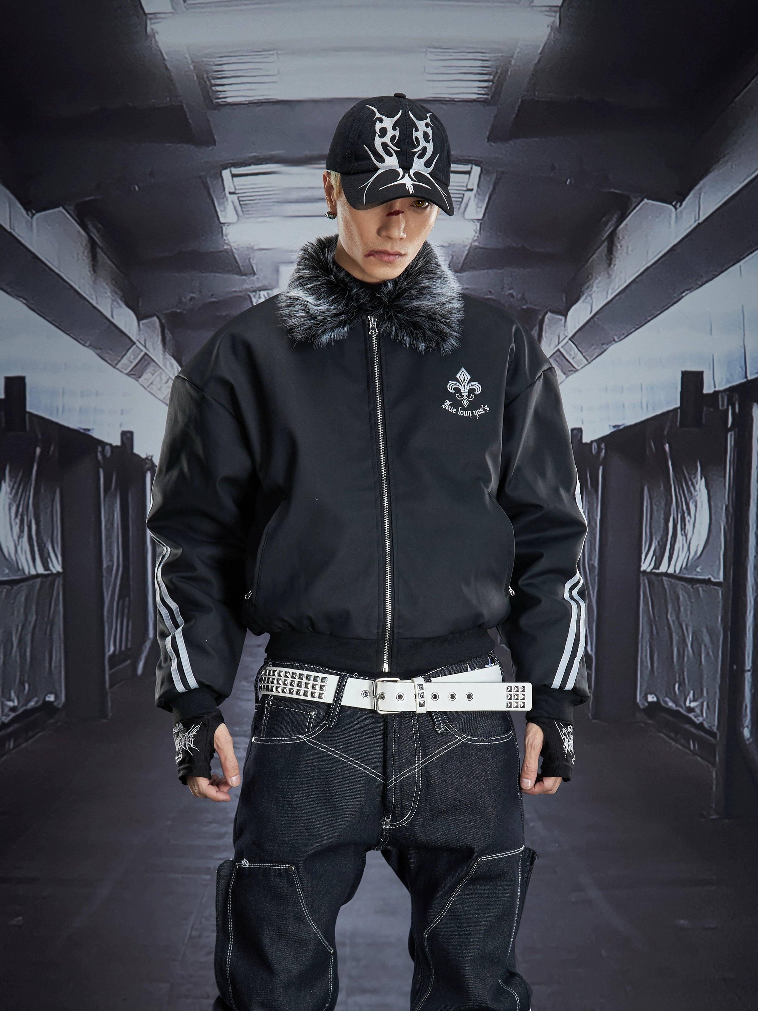 PU Leather Furry-Collar Embroidered Short Padded Jacket