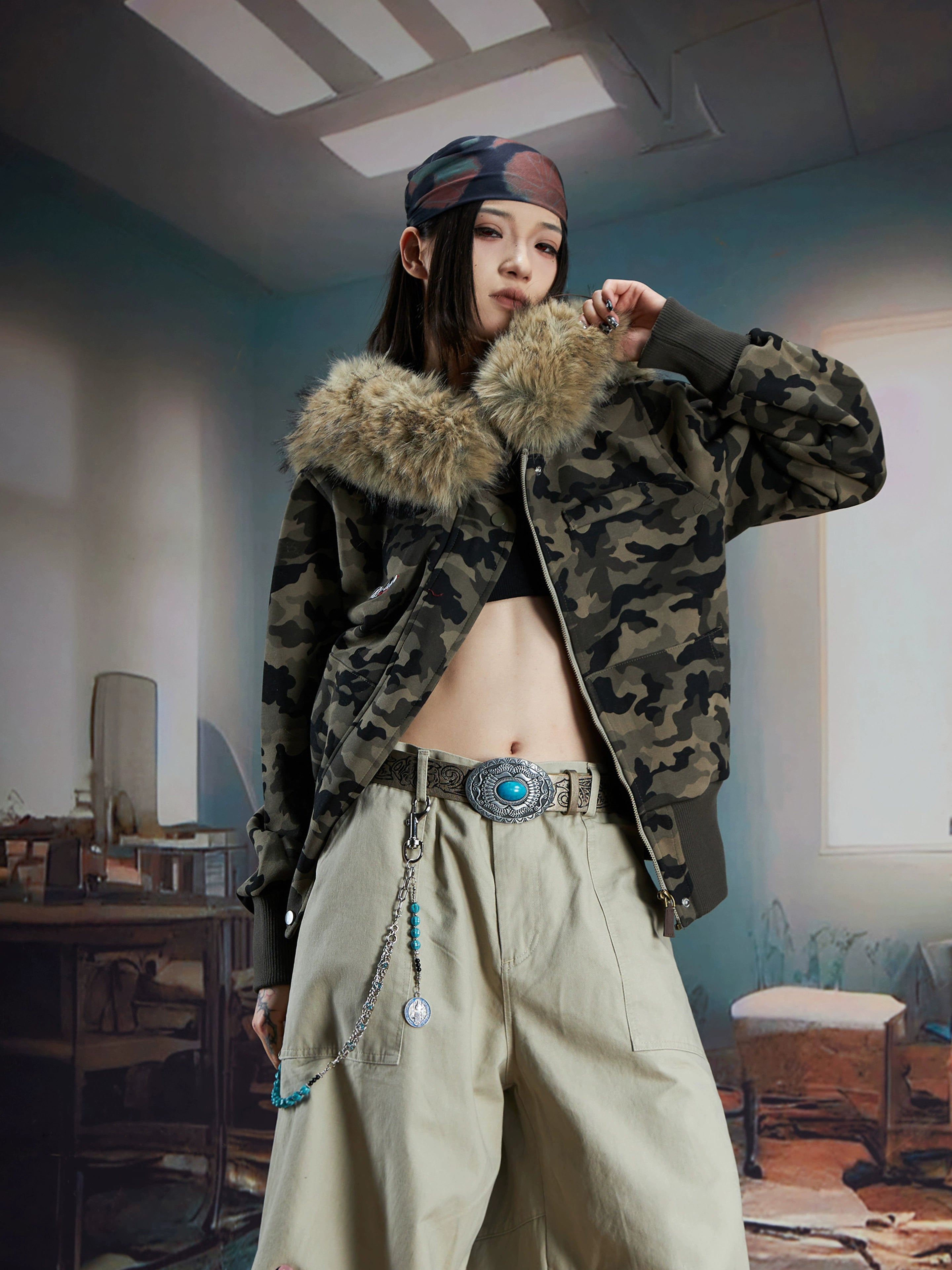 Furry Hooded Camo Short Jacket with Ribbed Hem