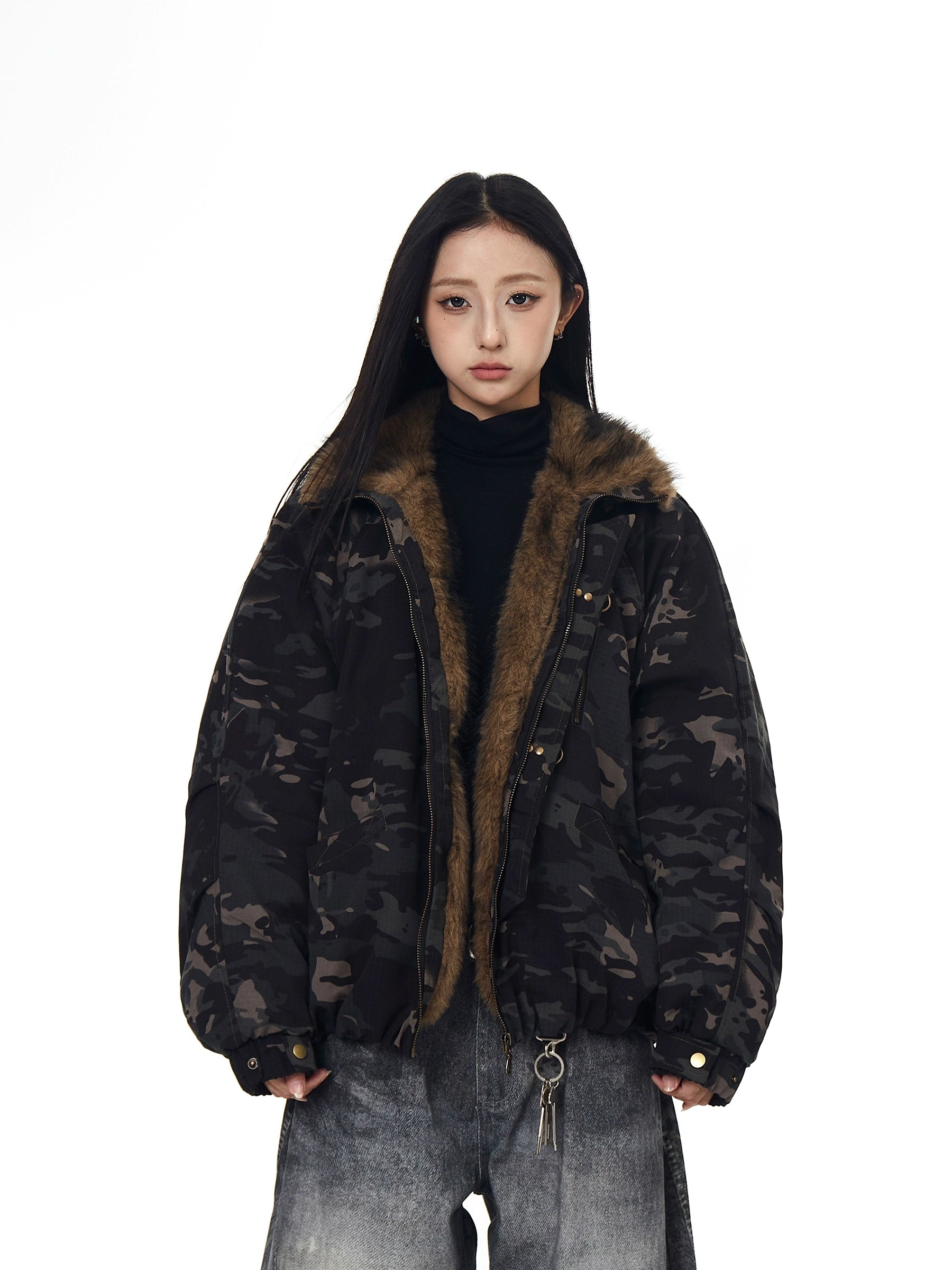 Camouflage Hawk Fur-Collar Buckle Puffer Jacket