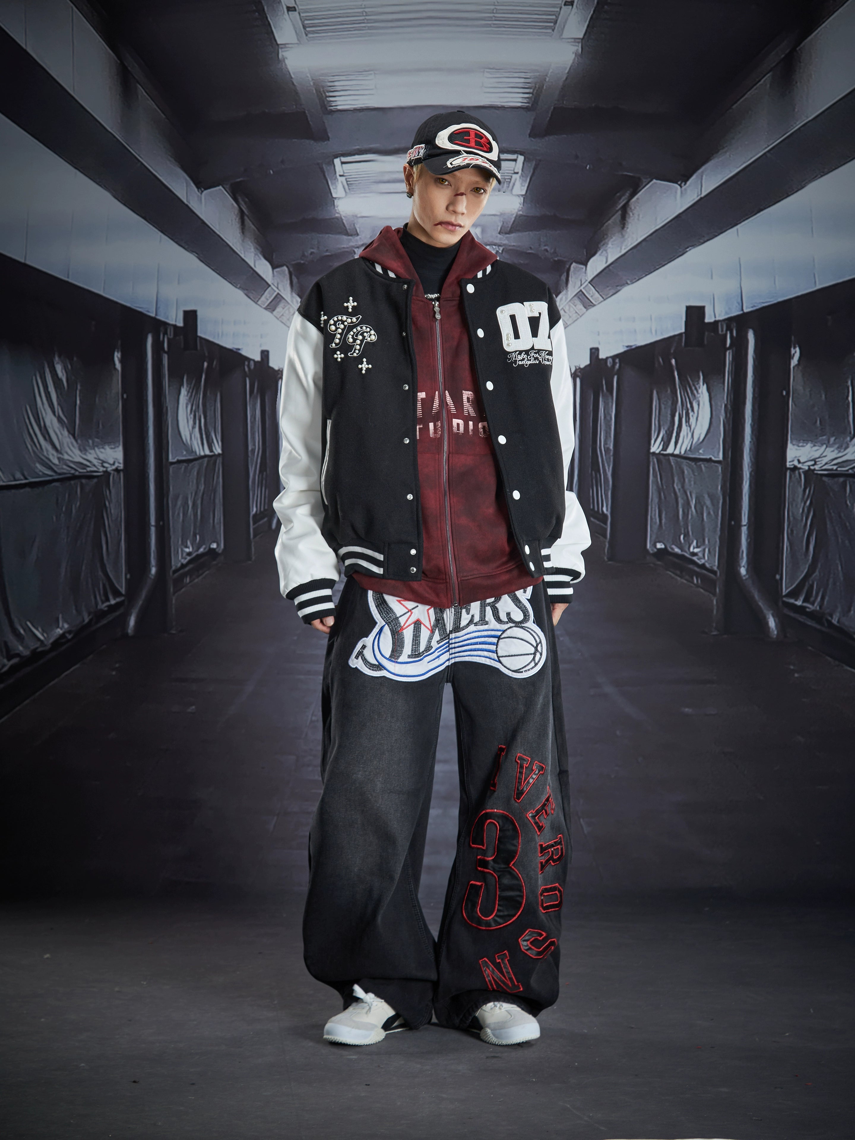 Jersey-Style Pearl Embroidered Quilted Bomber Jacket