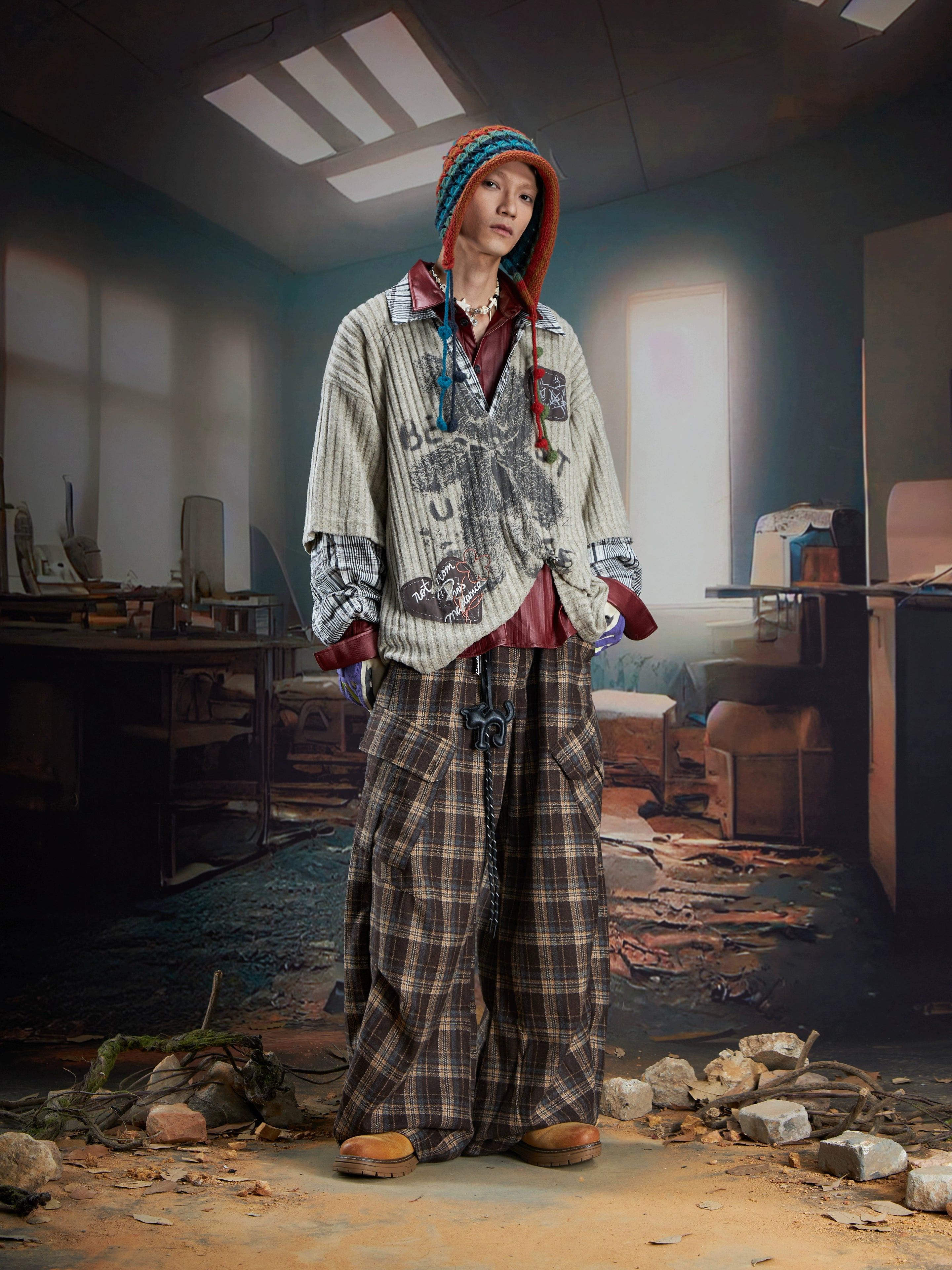 Layered V-Neck Long Sleeve Shirt-Collar Loose Fit Sweatshirt