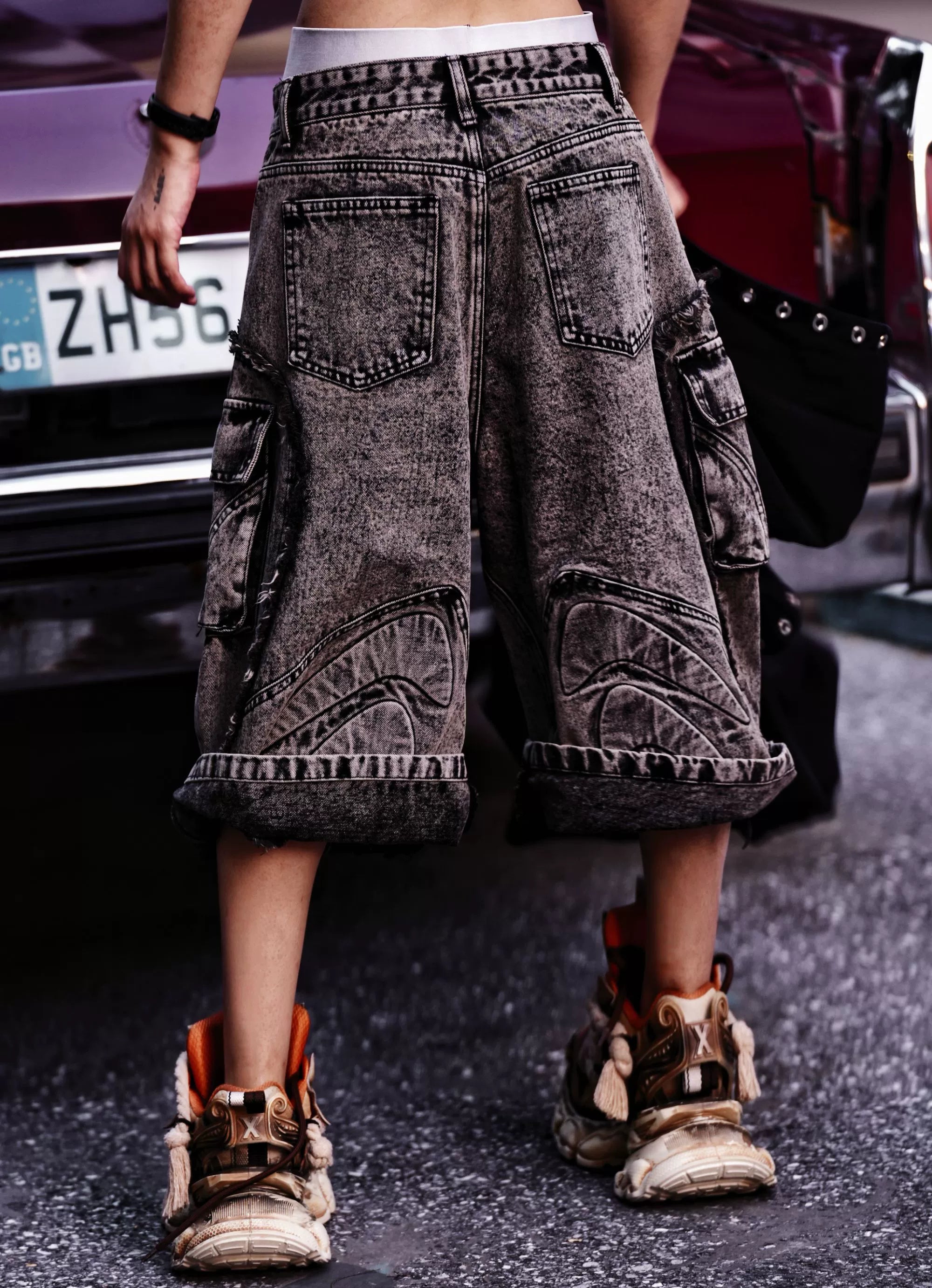 Heavy Embroidered Washed Patchwork Denim Pants