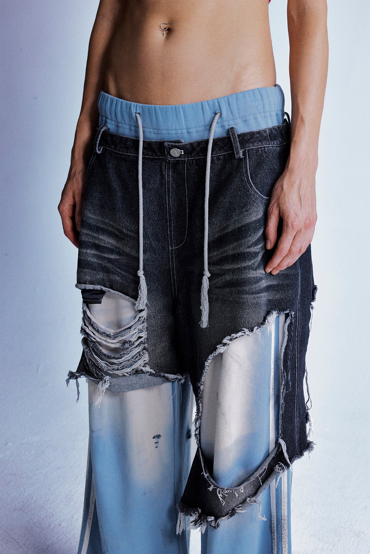 Fake Two-piece Contrast Color Stitching Ripped Jeans