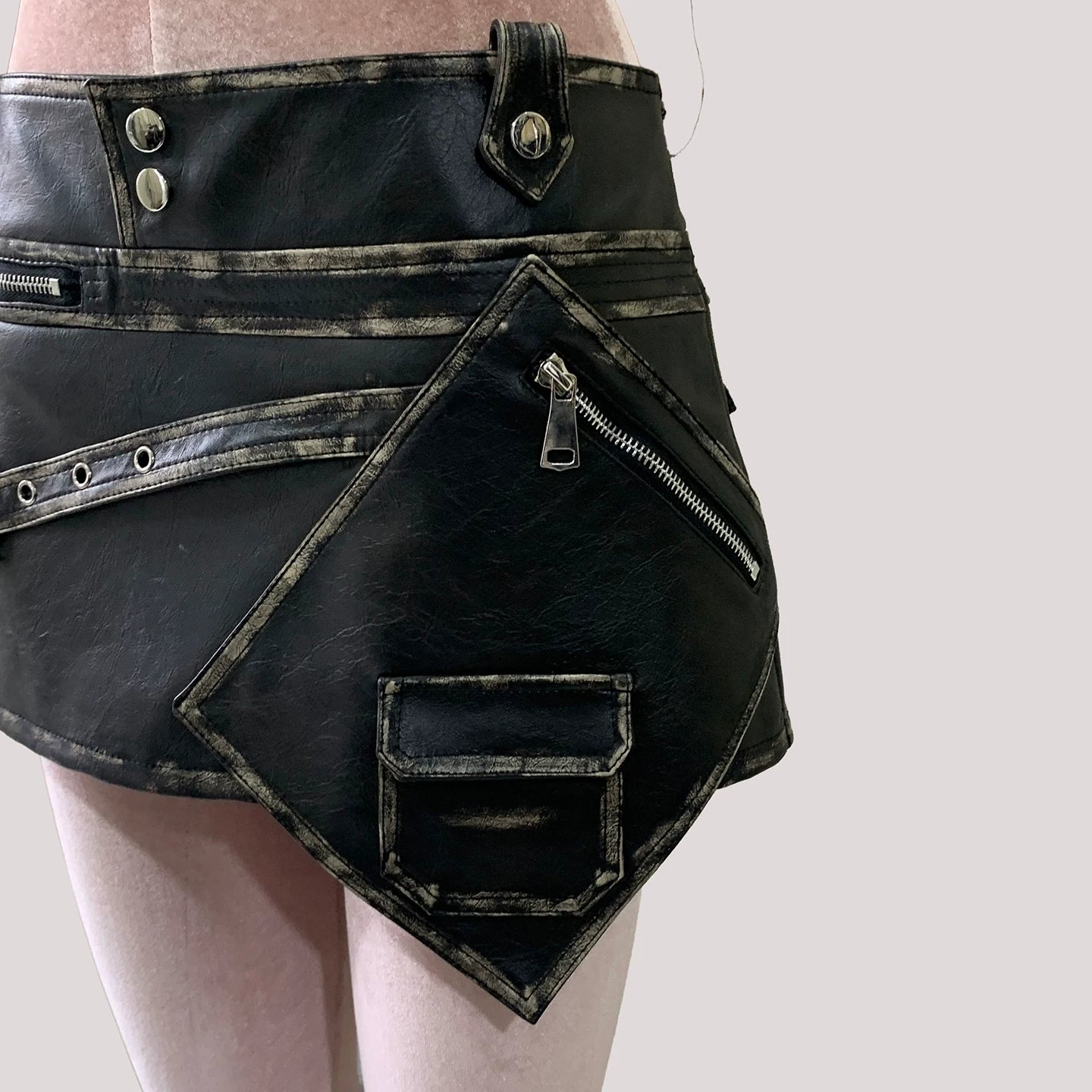 Sanhoostudio Distressed Asymmetric PU Leather Mini Skirt