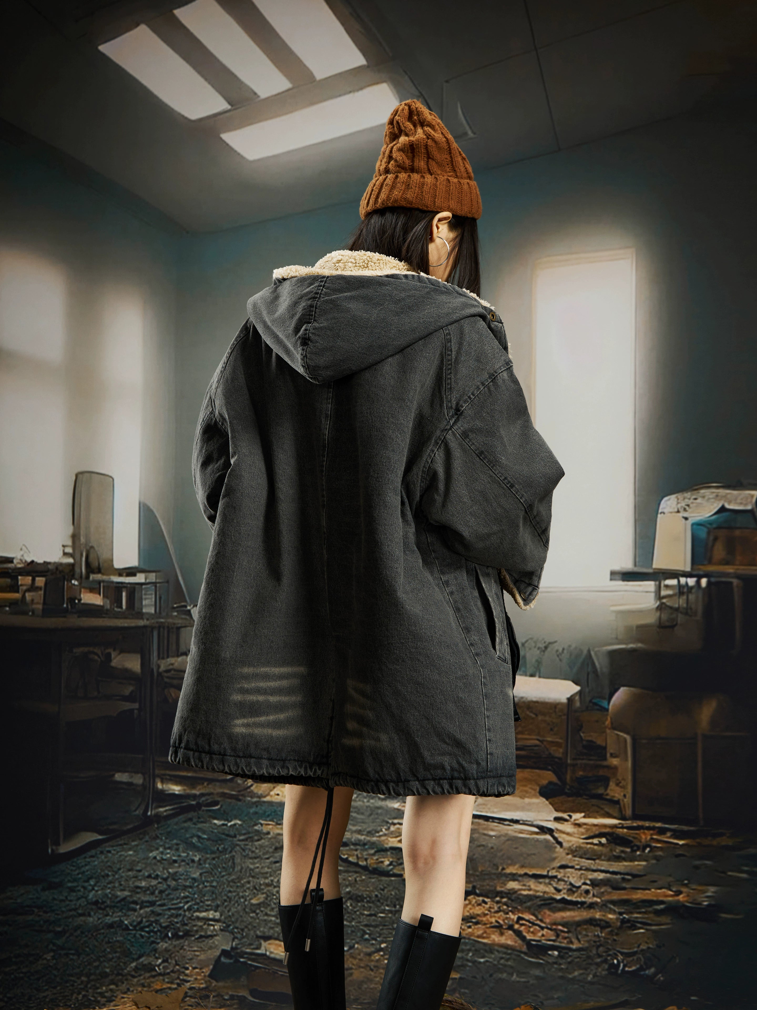 Washed Graffiti Denim Long Sherpa Jacket