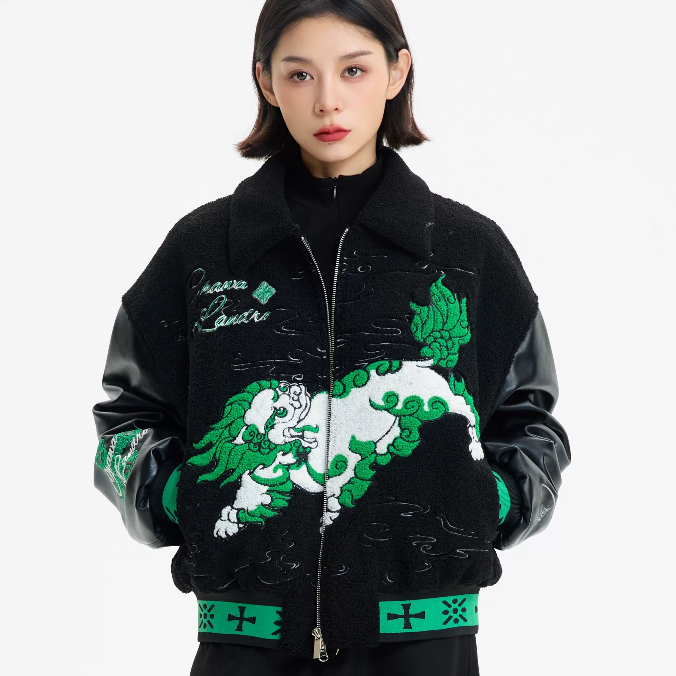 Sanhoostudio zip-up leather jacket with sherpa lining for warmth. Designed for unisex winter streetwear and comfort.