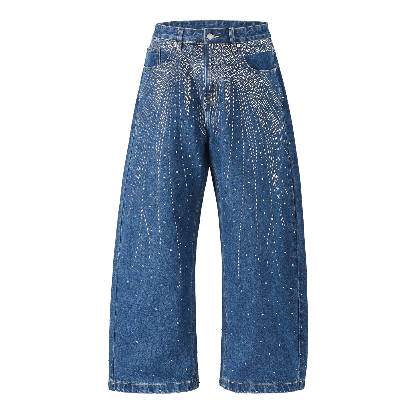 These laser rhinestone denim pants from Sanhoostudio sparkle with full-stone embellishments. Featuring a flared wide-leg silhouette, they embody futuristic glamour and bold streetwear style.